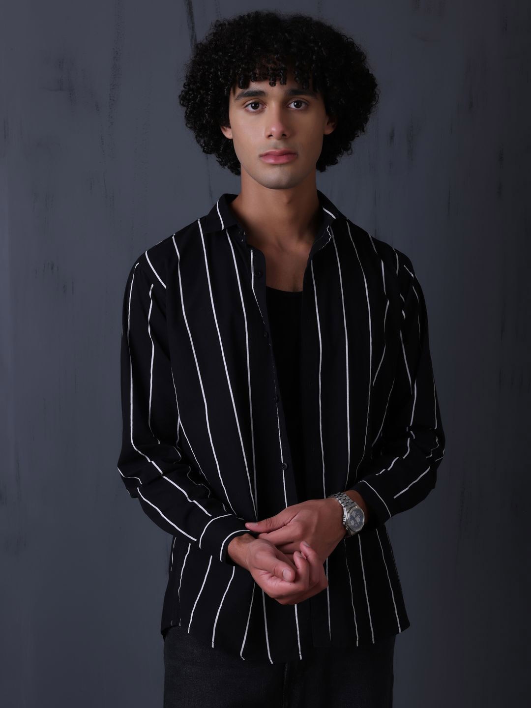 

FILO HEVIS Men Spread Collar Striped Cotton Casual Shirt, Black