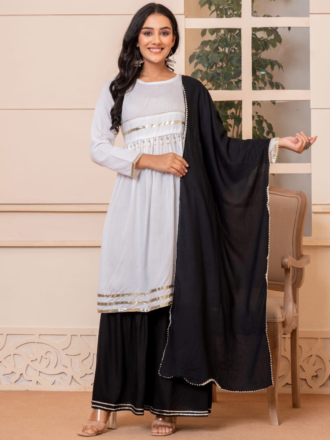 

SHOOLIN Women Regular Beads and Stones Kurta with Sharara & With Dupatta, White