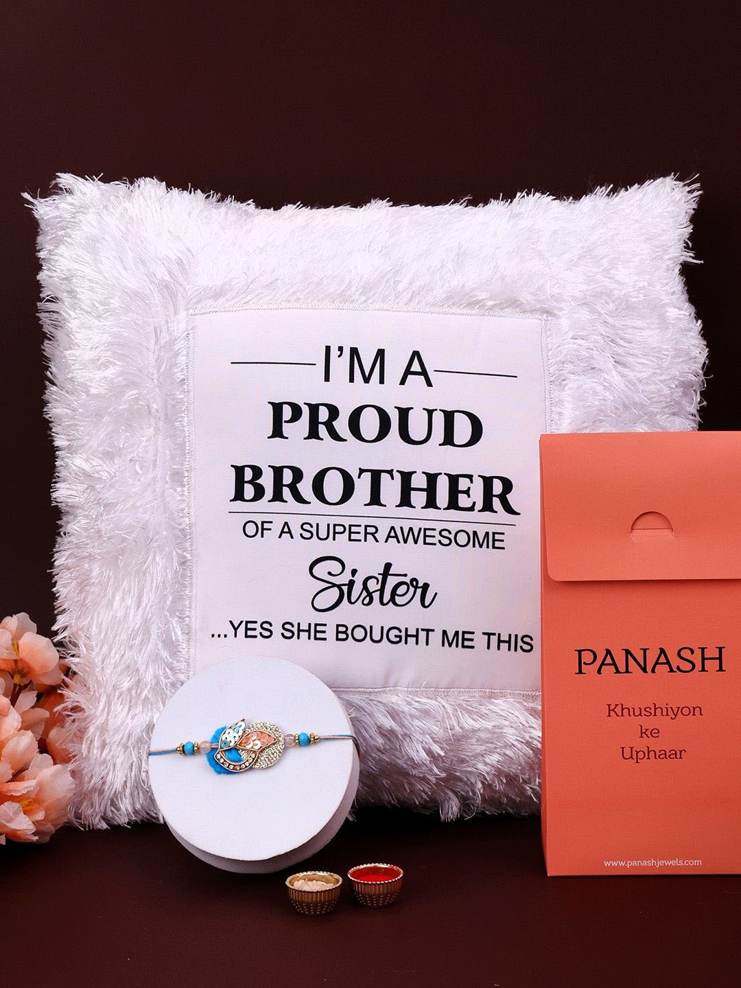 

PANASH Set Of 2 Stone-Studded & Beaded Rakhi With Pillow & Roli Chawal, Blue