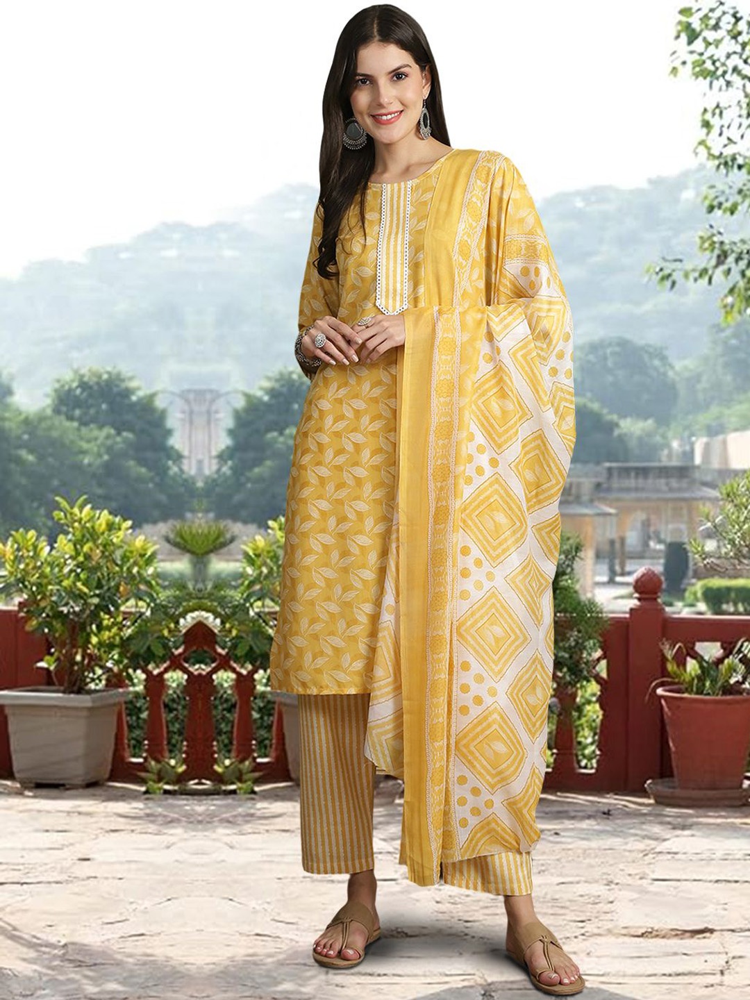

7Threads Floral Printed Pure Cotton Straight Kurta With Trousers & Dupatta, Yellow