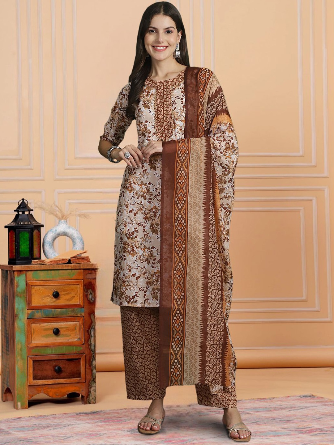 

7Threads Floral Printed Pure Cotton Straight Kurta With Trousers & Dupatta, Beige