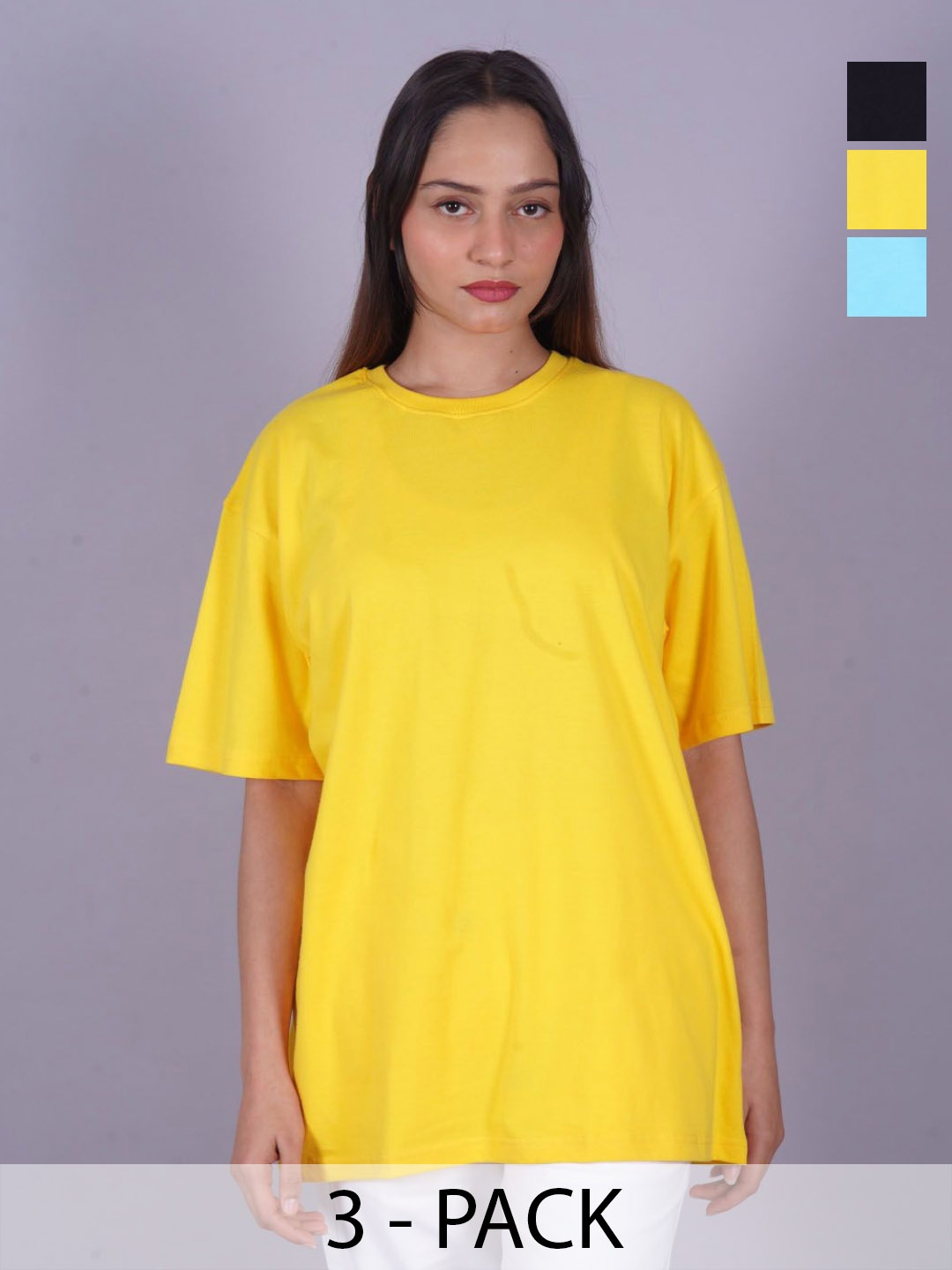 

VYVE Women Pack Of 3 Round Neck Solid T-shirts, Yellow