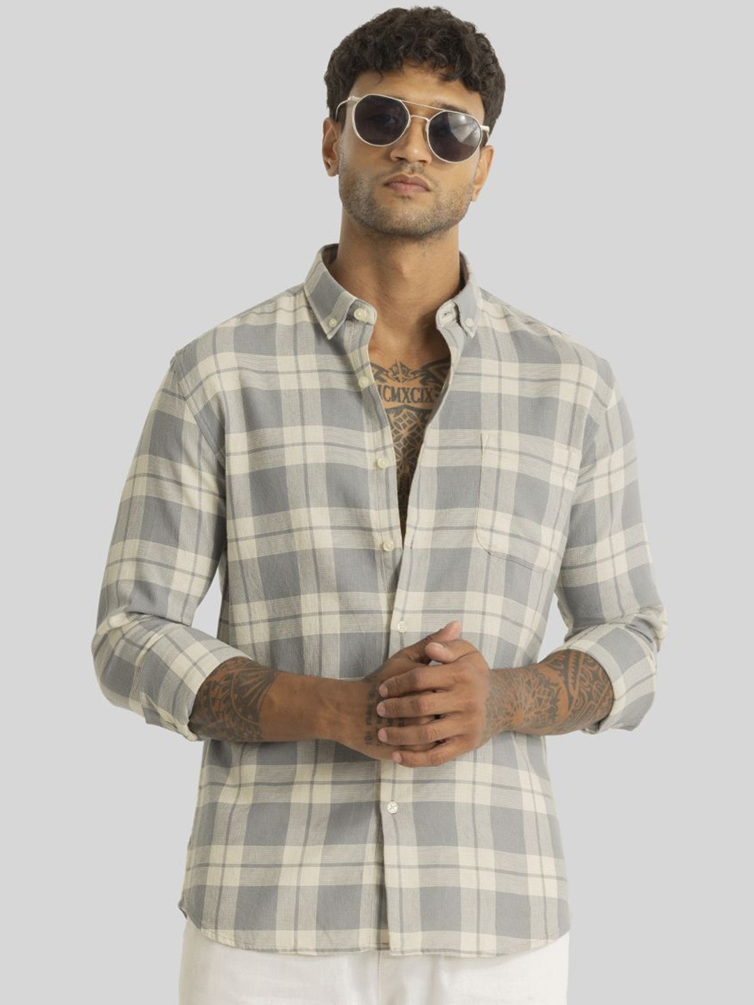 

Snitch Men Smart Slim Fit Button Down Tartan Checked Casual Shirt, Grey