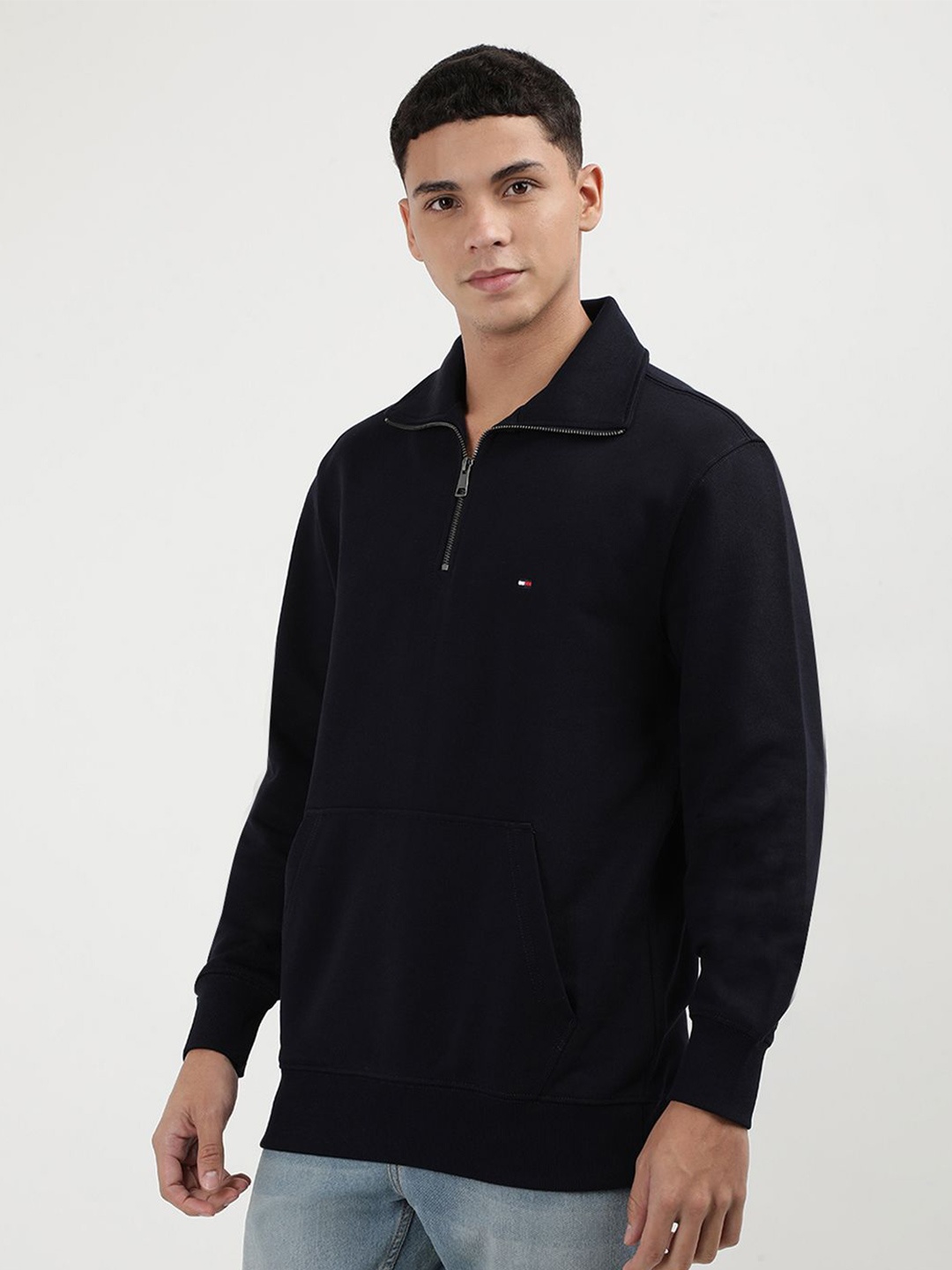 

Tommy Hilfiger Fashion Men Cotton Solid Mock Collar Pullover Embroidered Sweatshirt, Navy blue