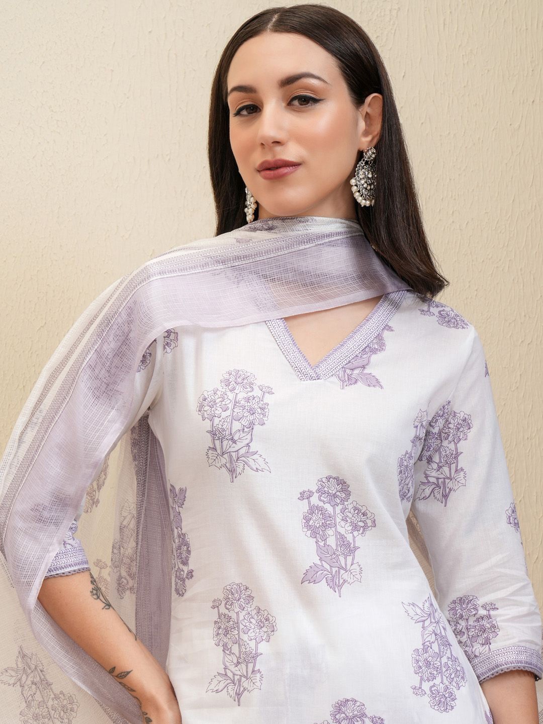 

Vishudh White Floral Printed Pure Cotton Straight Kurta With Salwar & Dupatta