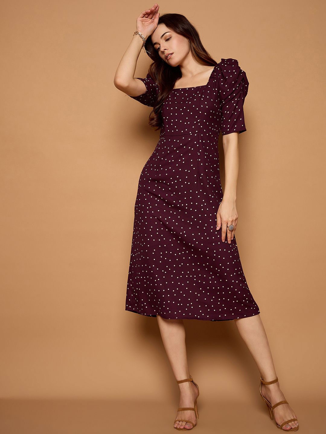 

Kibo Women Printed Puff Sleeve Crepe A-Line Midi Dress, Maroon
