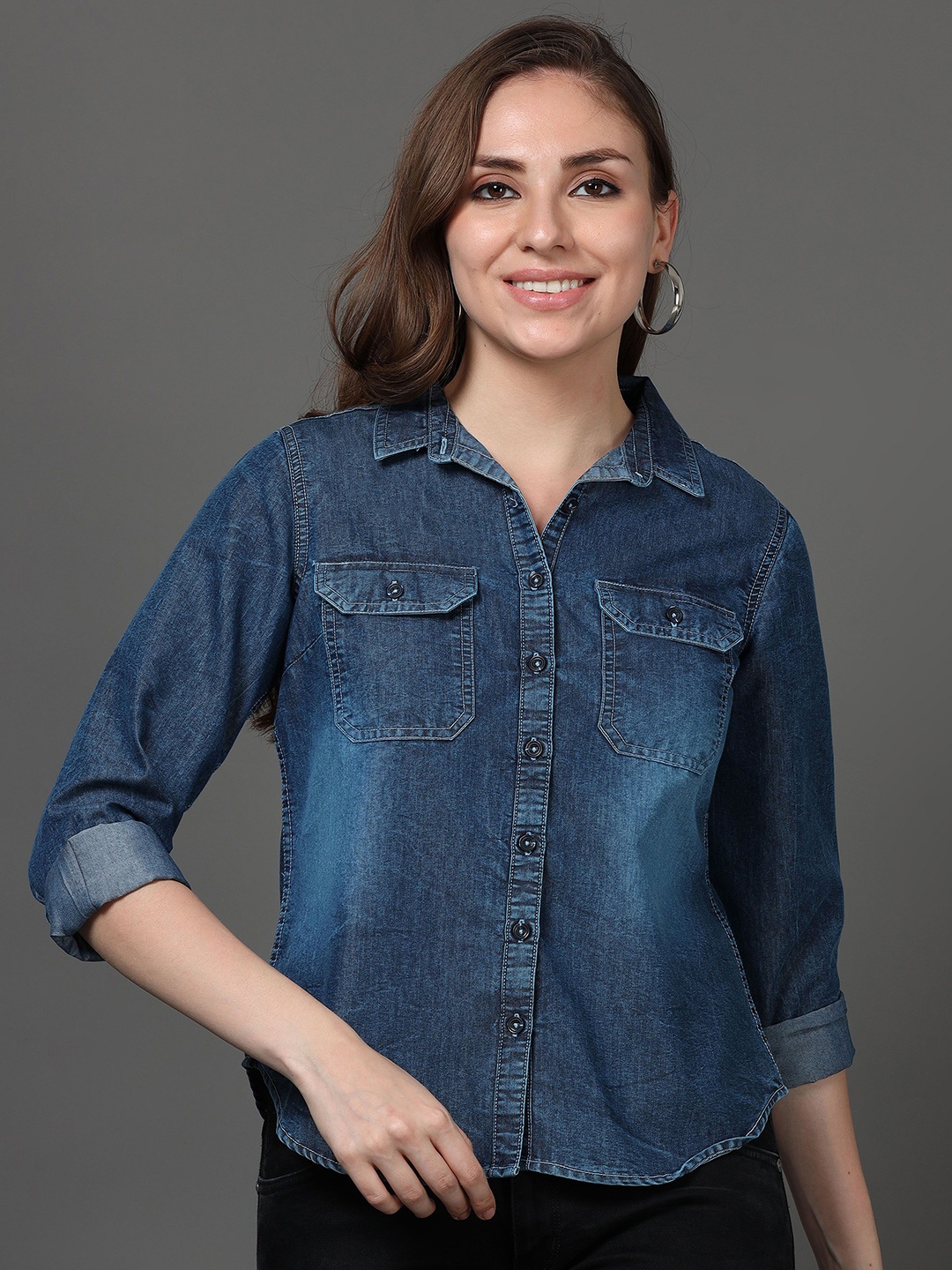 

CAZZBA Women Faded Opaque Faded Casual Shirt, Blue