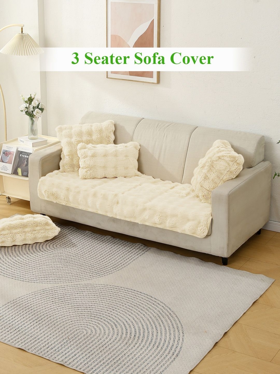 

HOKIPO Beige Faux Fur 3 Seater Sofa Mat Cover With Arms