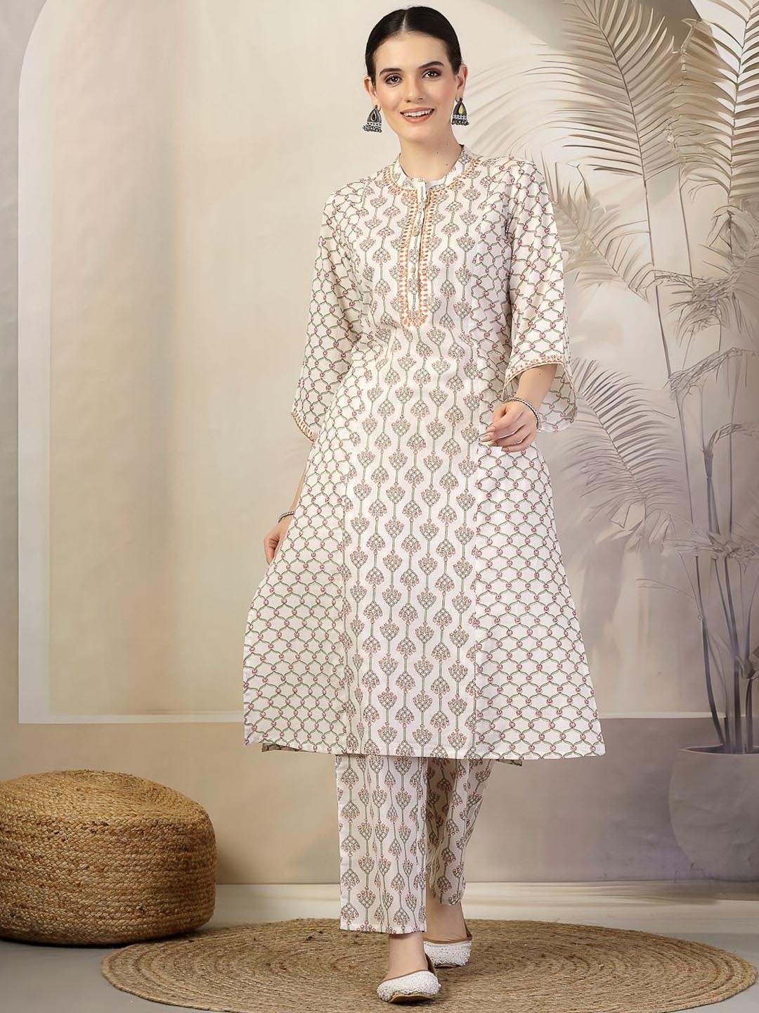 

Nayam By Lakshita Floral Printed Band Collar Thread Work A-Line Kurta With Trouser, Pink