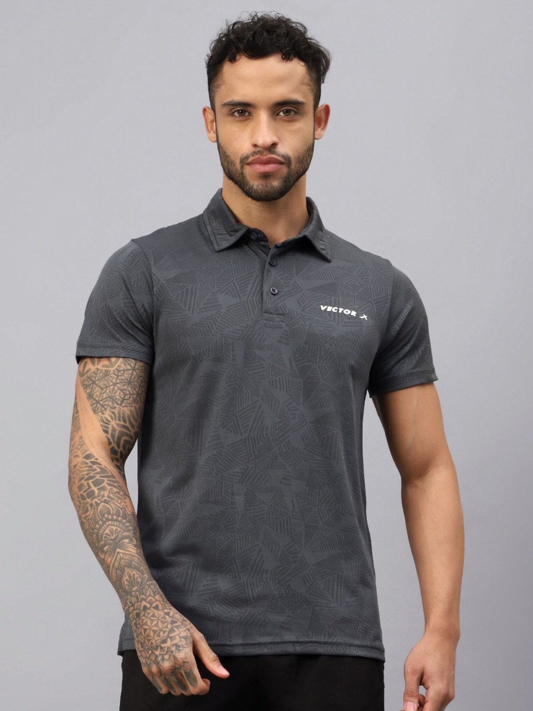 

VECTOR X Men Abstract Printed Abstract Polo Collar T-shirt, Grey
