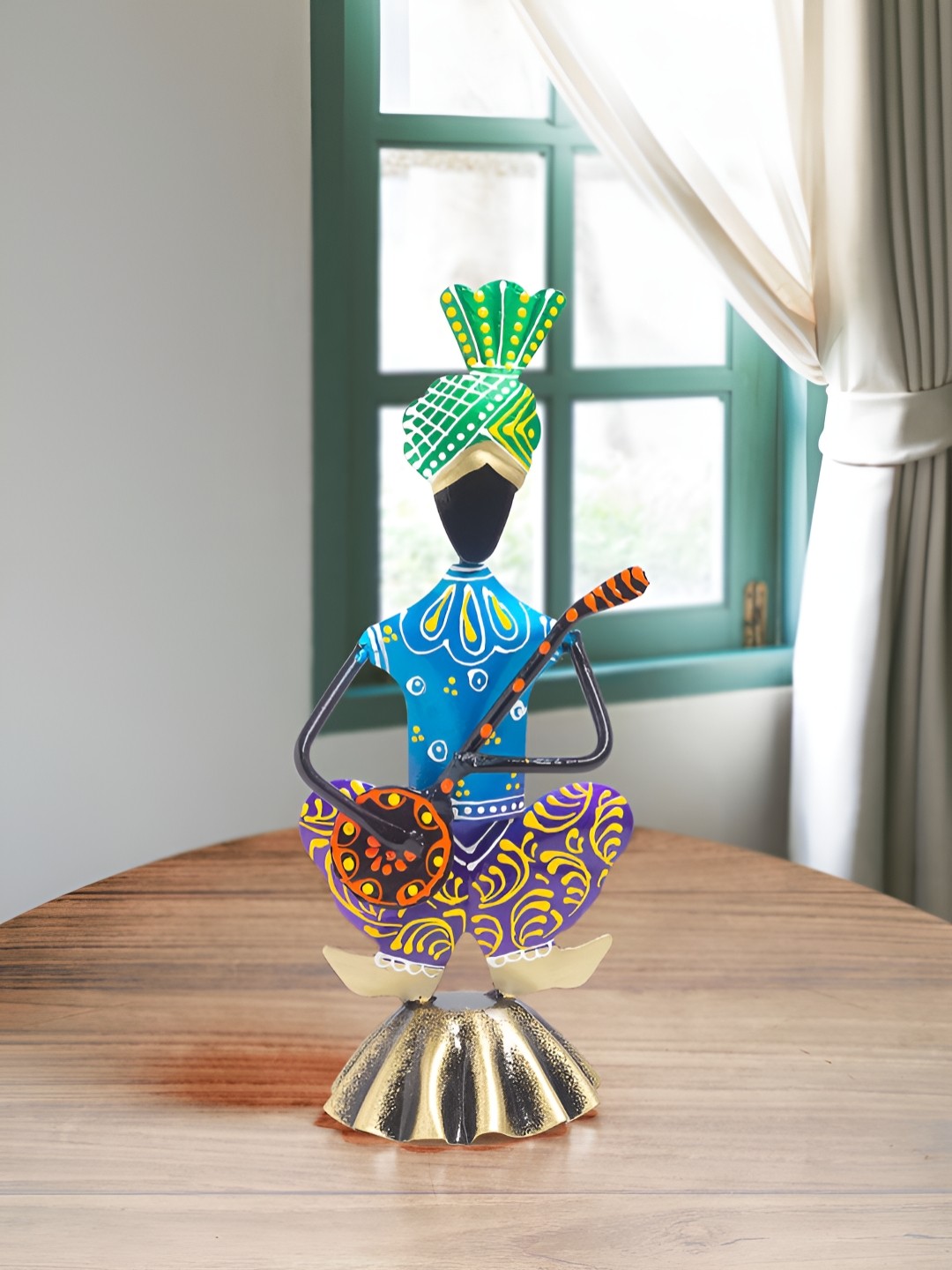 

Golden Peacock Blue & Gold Toned Tribal Figurine Metal Showpiece
