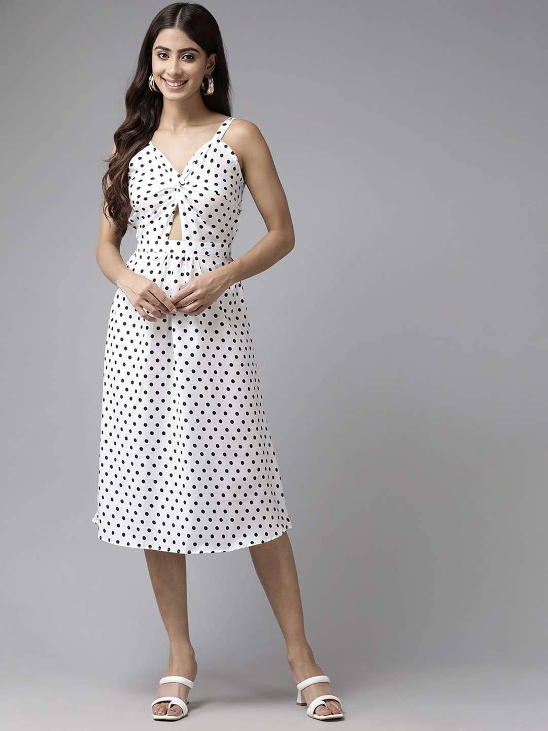 

BAESD Polka Dot Printed Sleeveless Cut-Outs Fit & Flare Dress, White