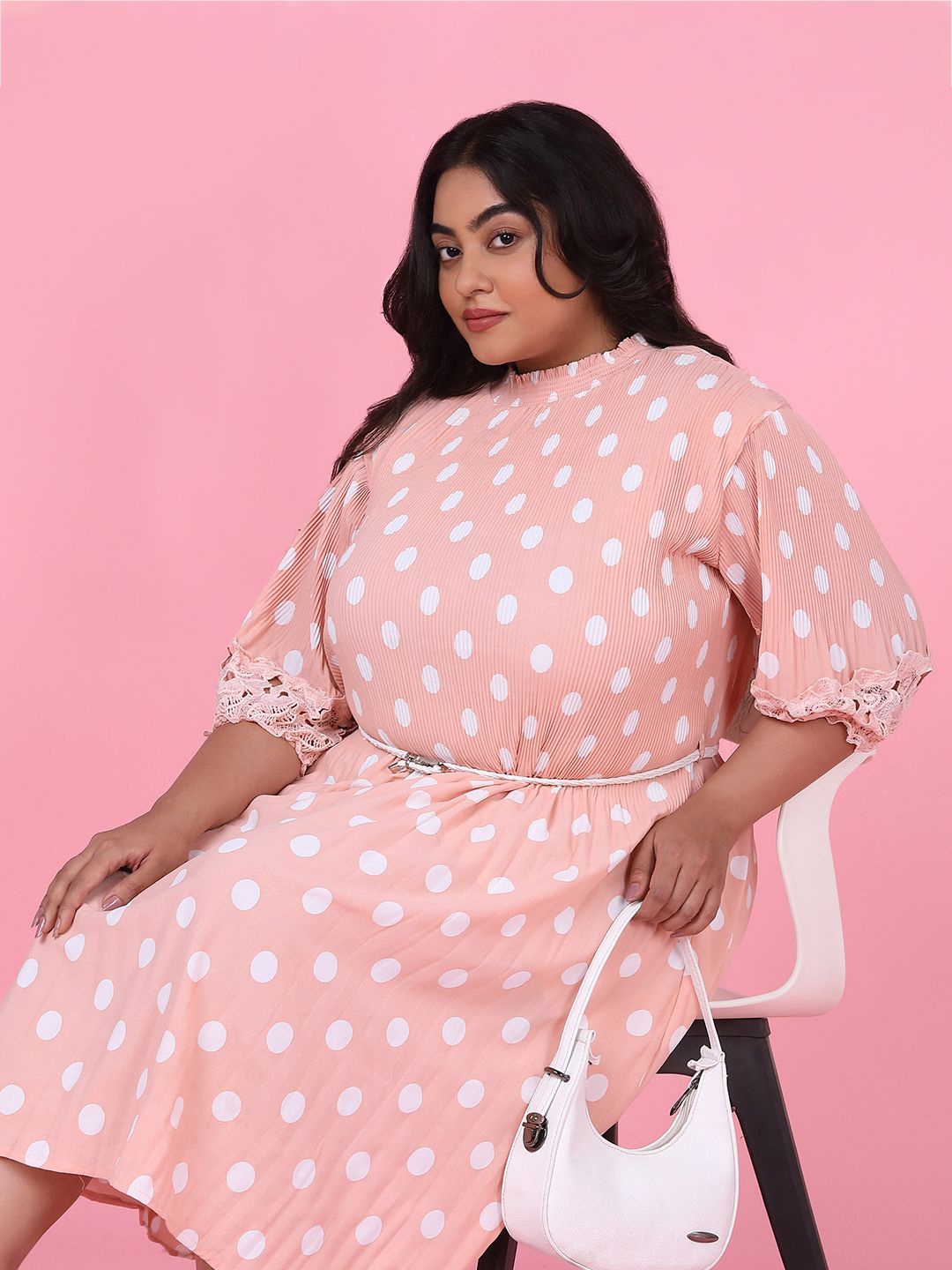 

SHOWOFF Plus Size Polka Dot Printed Crepe Fit & Flare Dress, Peach