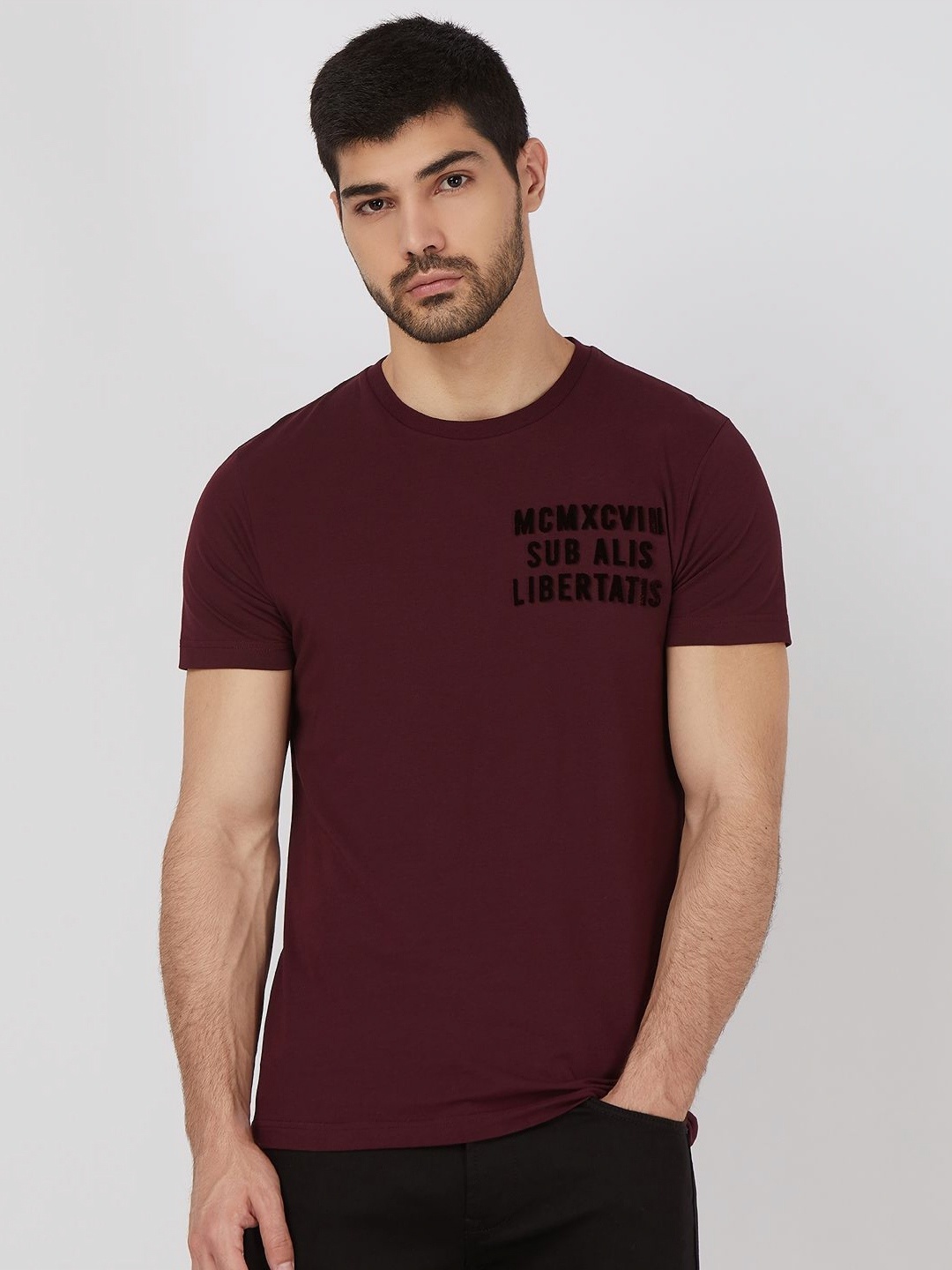 

Mufti Men Graphic Printed Round Neck Cotton Slim Fit T-shirt, Maroon