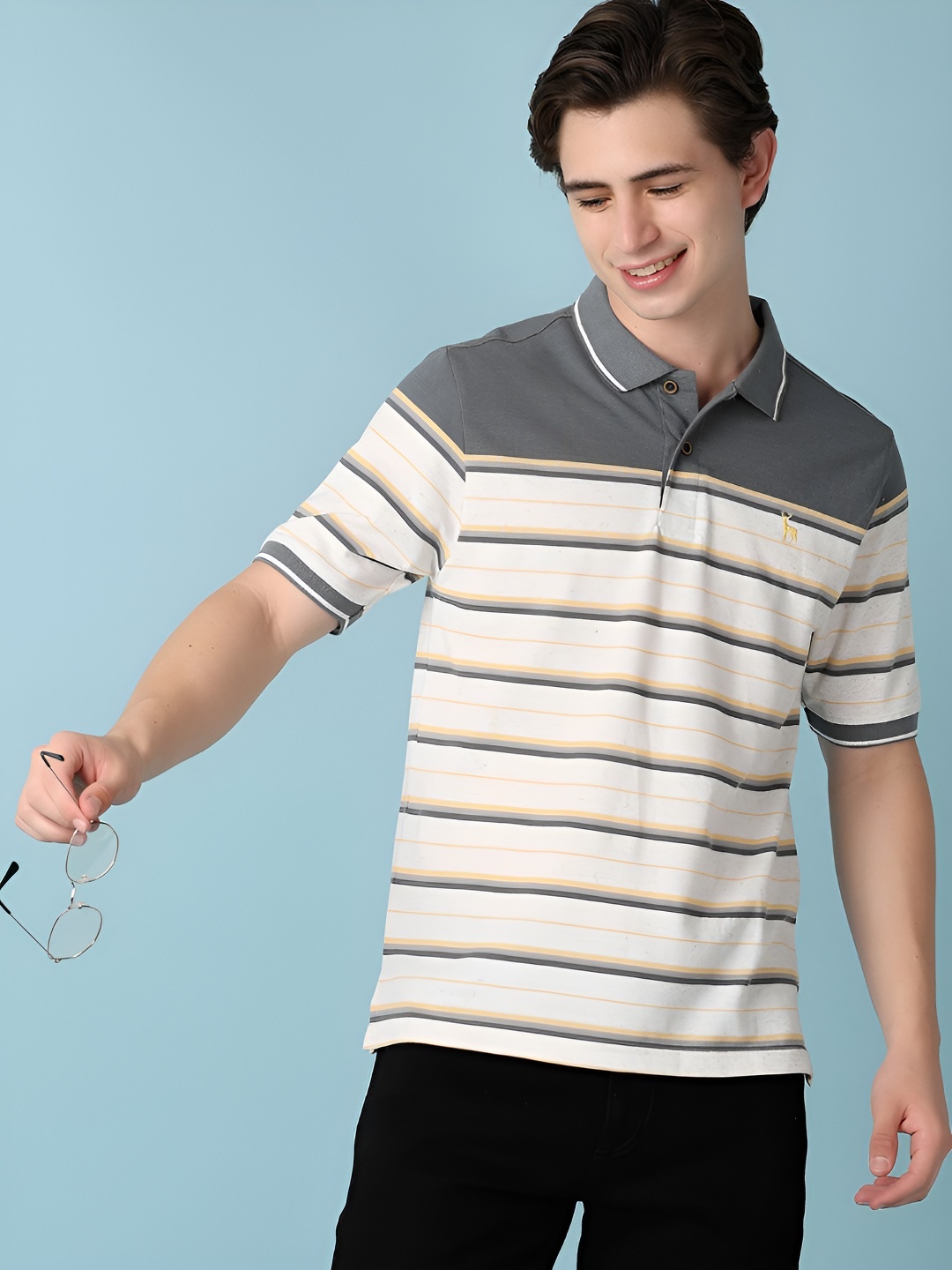 

V-Mart Men Striped Polo Collar T-shirt, Grey