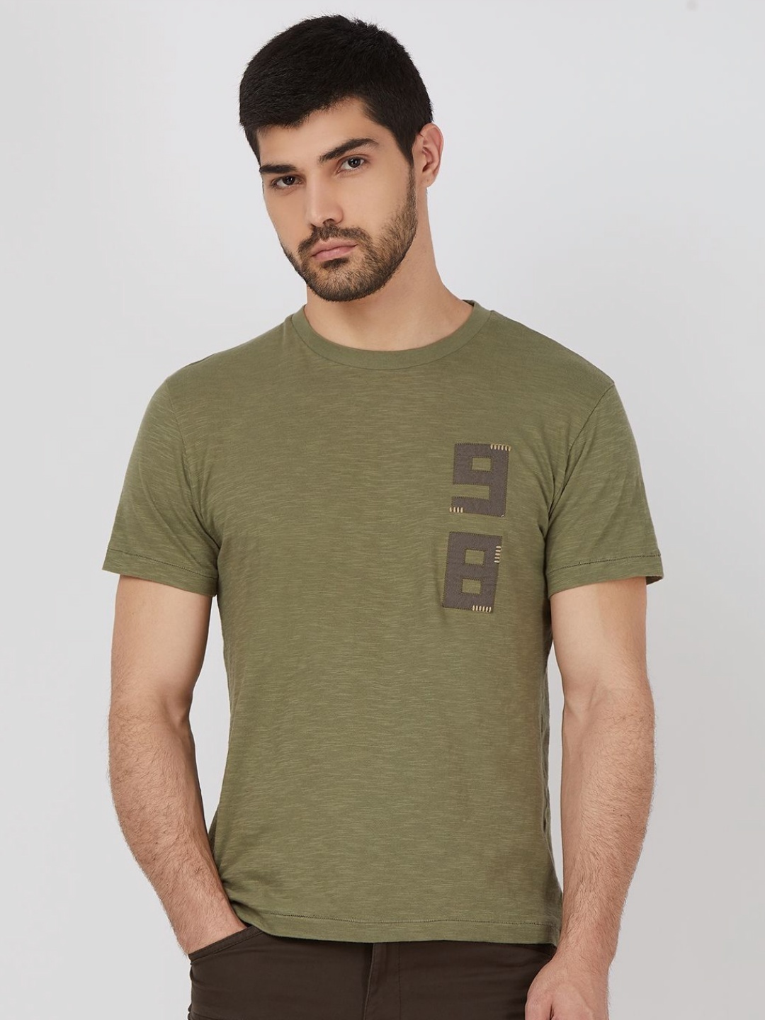 

Mufti Men Graphic Printed Round Neck Cotton Slim Fit T-shirt, Olive