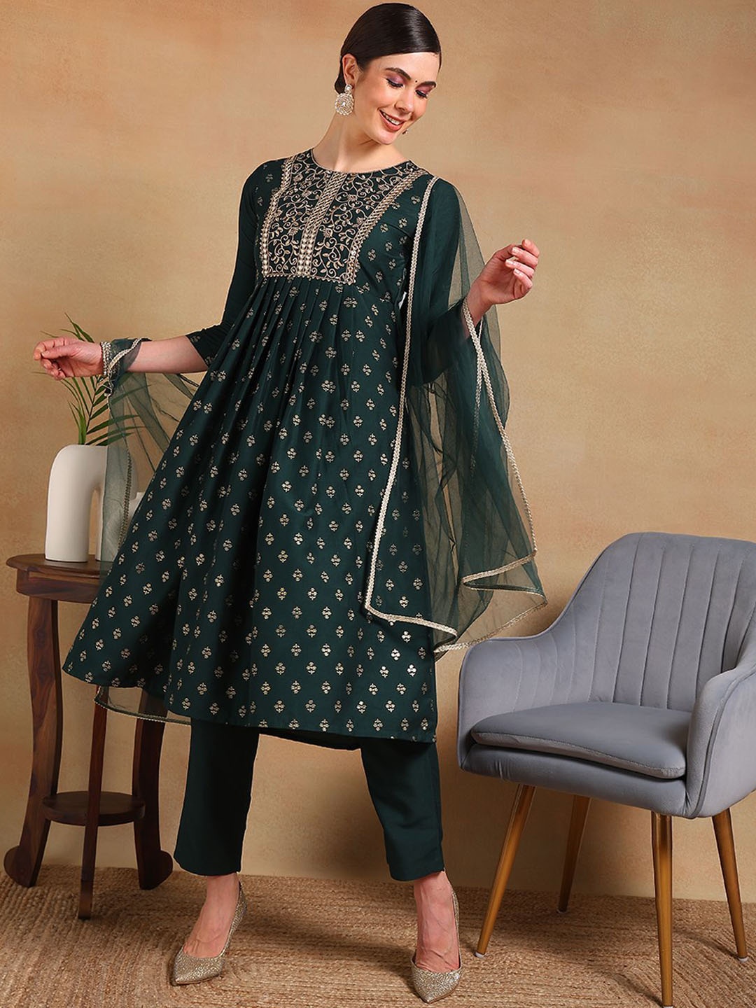 

Anouk Green Ethnic Motifs Woven Design Mirror Work A-Line Kurta with Trousers & Dupatta