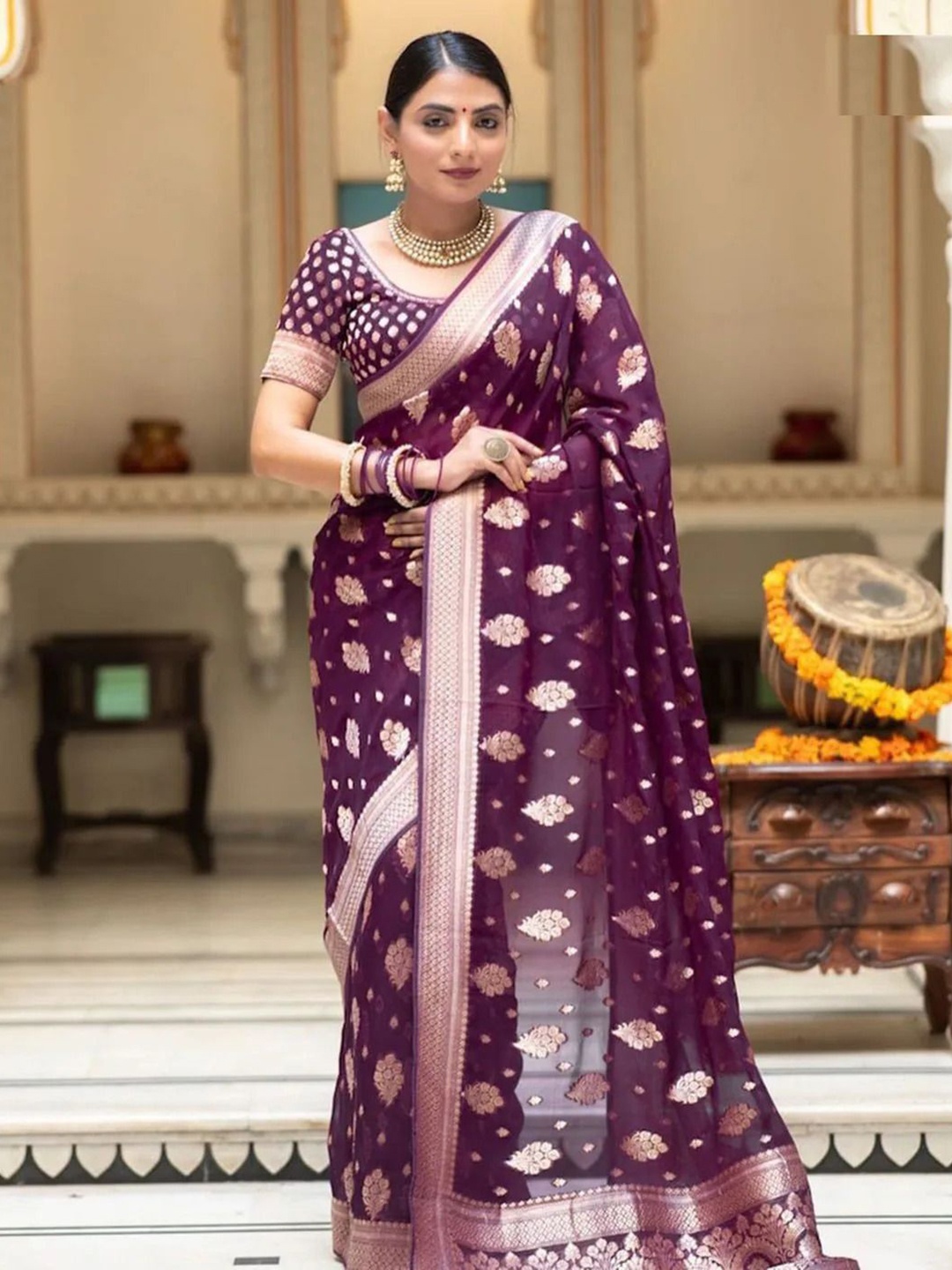 

LADY SHOPI Pure Silk Woven Design Zari Festive Saree, Purple