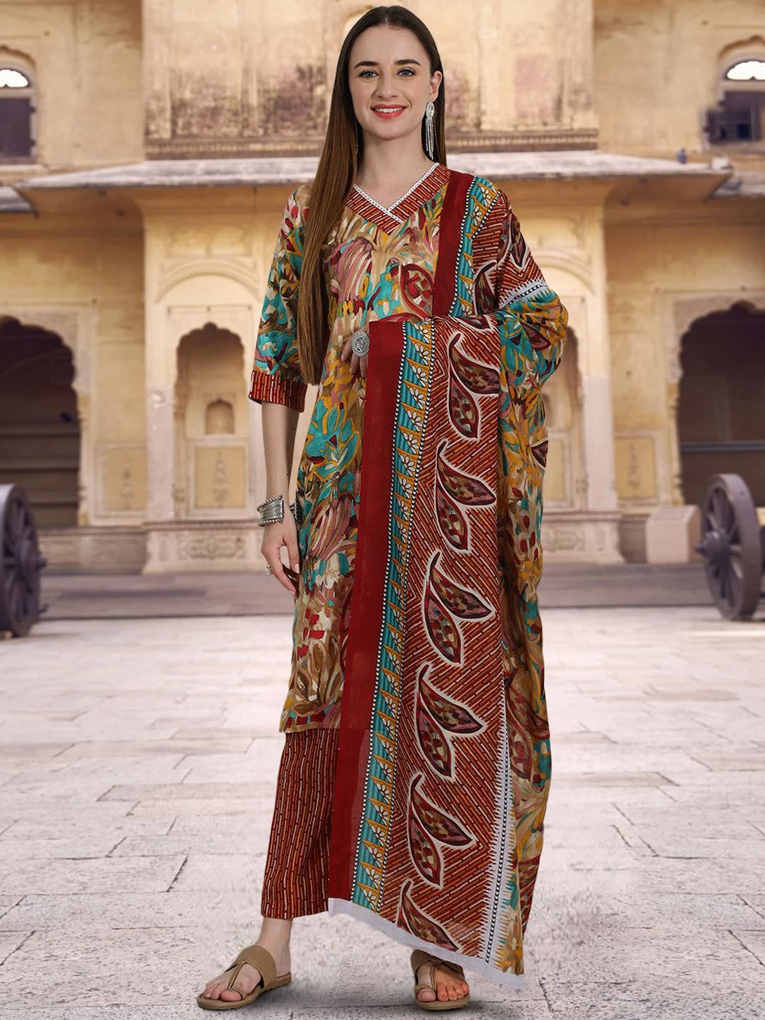 

7Threads Abstract Printed V-Neck Pure Cotton Straight Kurta With Trousers & Dupatta, Mustard