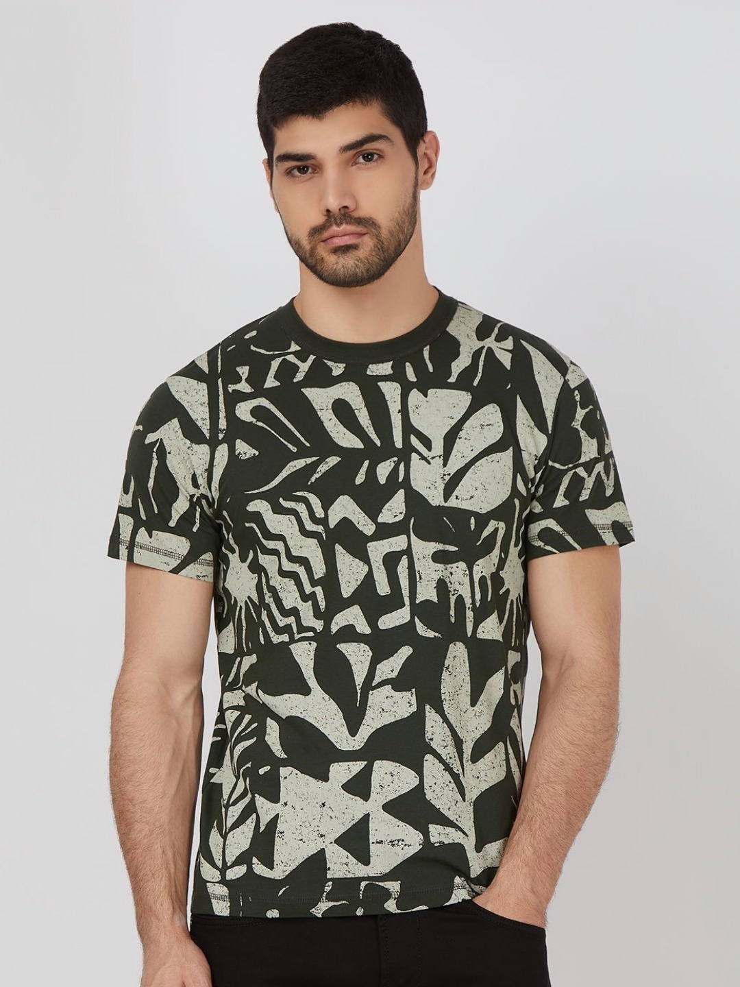 

Mufti Men Abstract Printed Round Neck Cotton Slim Fit T-shirt, Olive