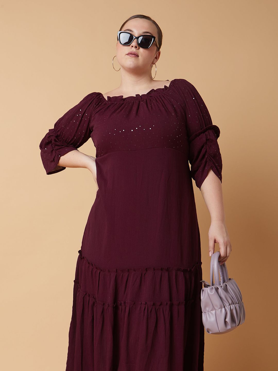 

SHOWOFF Plus Size Puff Sleeve A-Line Midi Dress, Burgundy