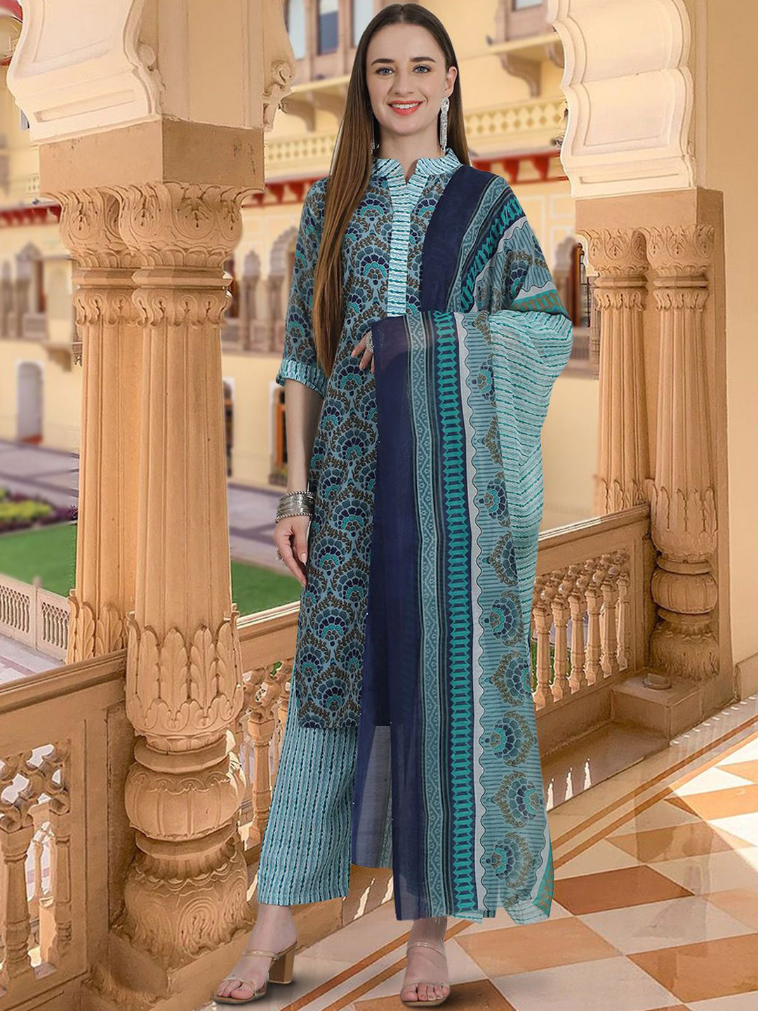 

7Threads Floral Printed Straight Pure Cotton Kurta with Trousers & Dupatta, Teal