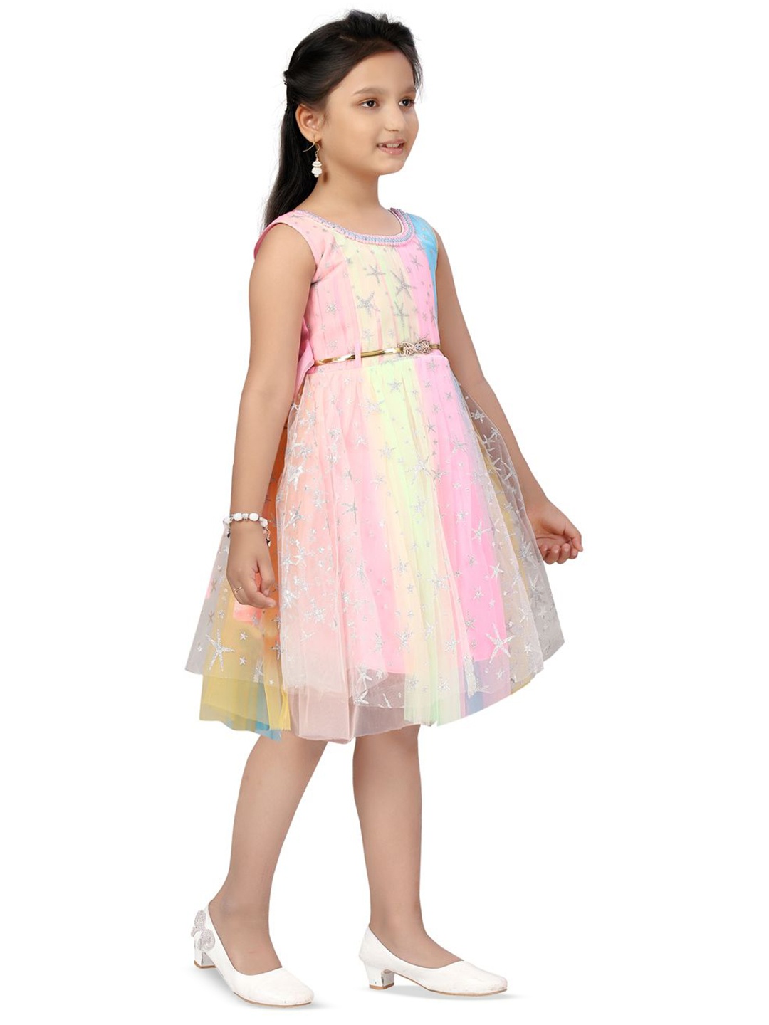 

BAESD Girls Self Design Net Fit & Flare Dress, Pink