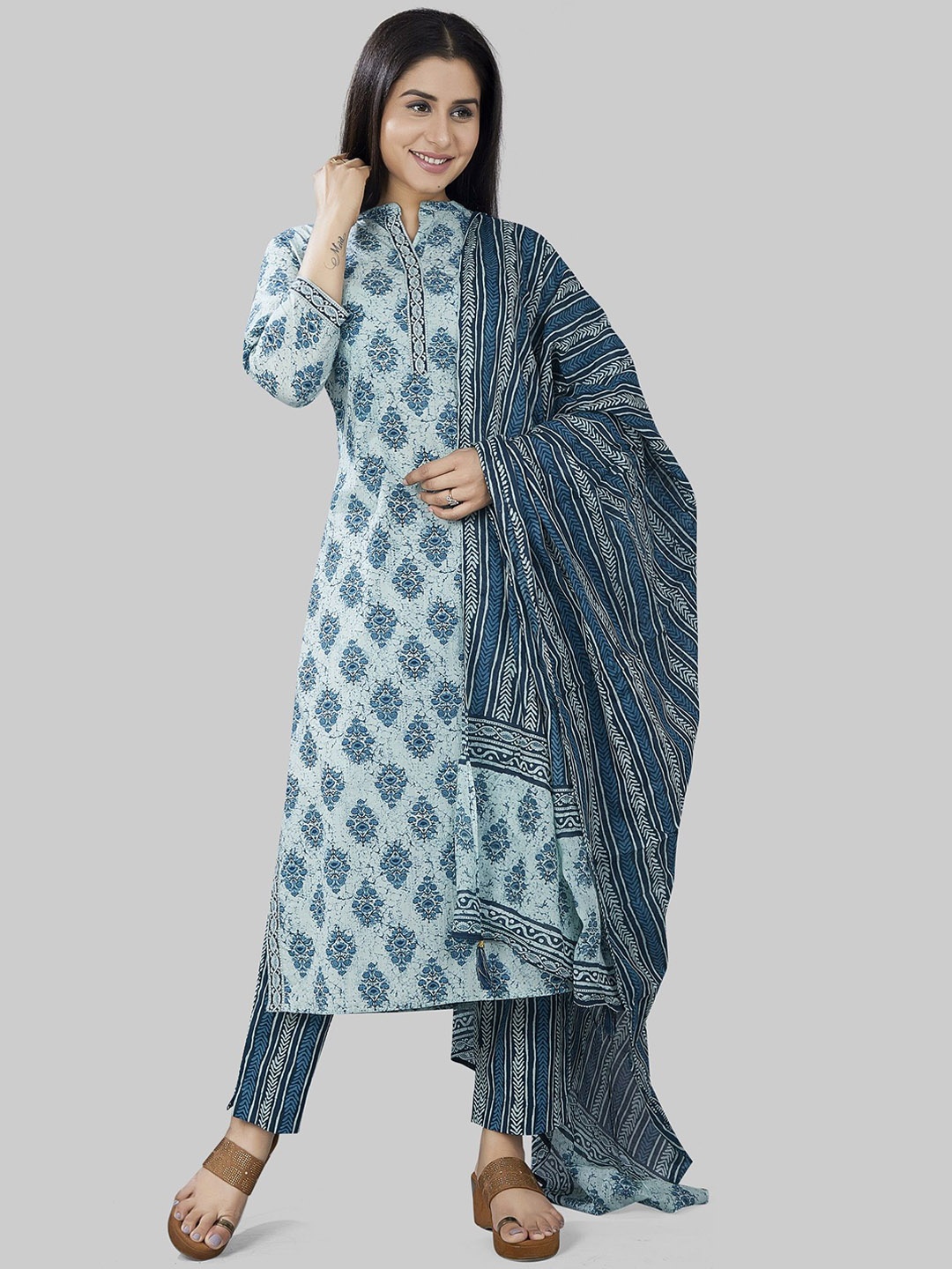 

COTTON CULTURE Floral Printed Pure Cotton A-Line Kurta with Trouser & Dupatta, Teal