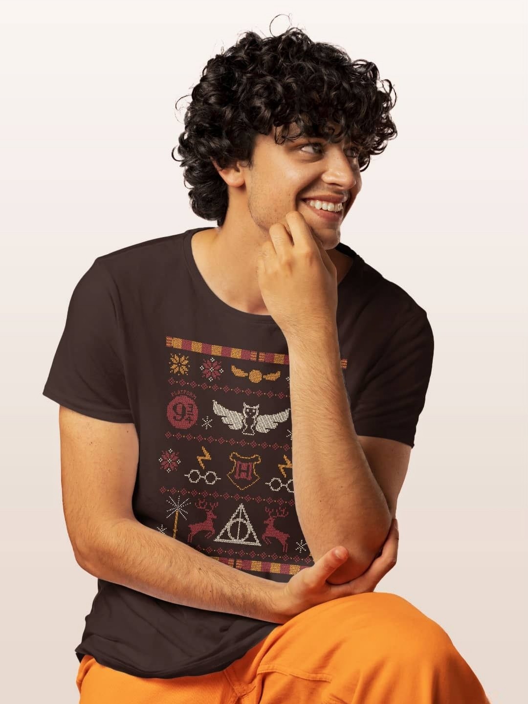 

macmerise Men Biker Printed V-Neck Raw Edge T-shirt, Brown