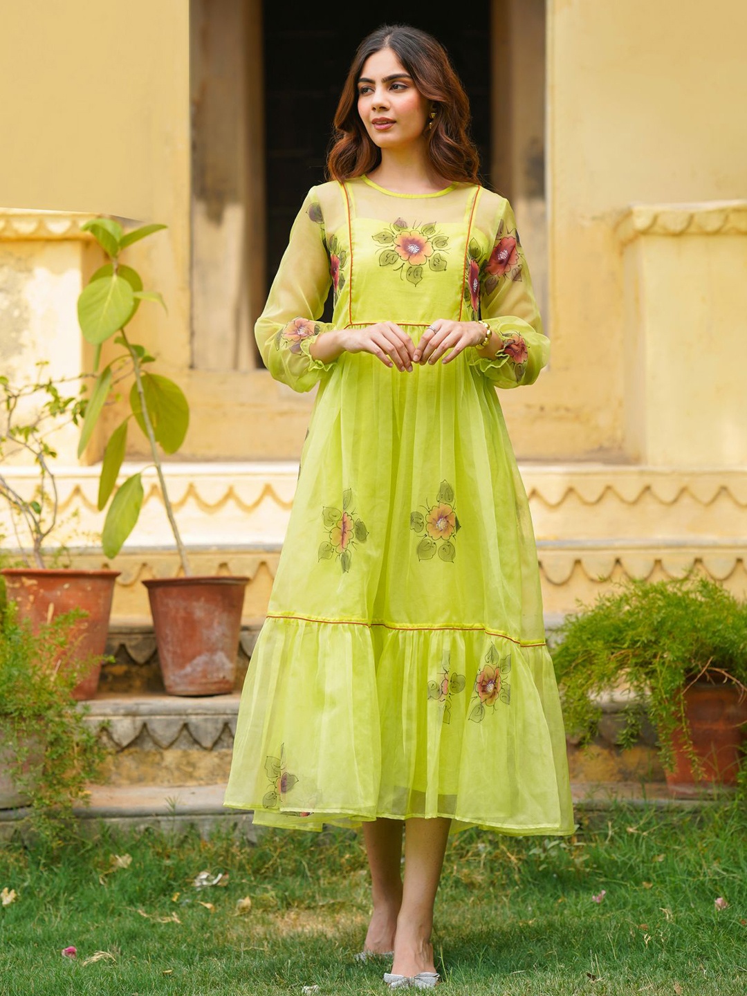 

Ambraee Floral Print Bell Sleeve A-Line Midi Dress, Green