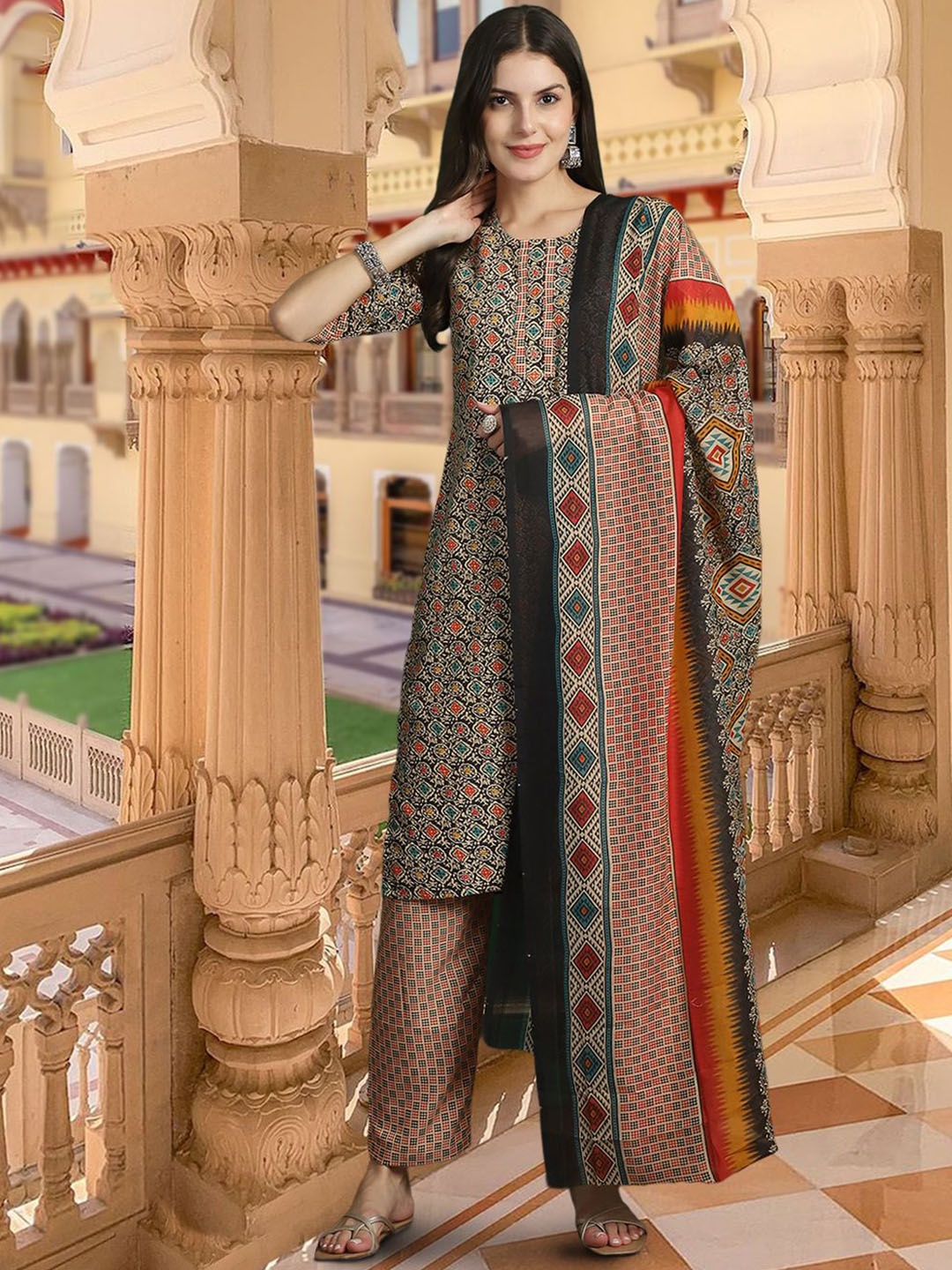 

7Threads Floral Printed Pure Cotton Kurta with Trousers & Dupatta, Beige