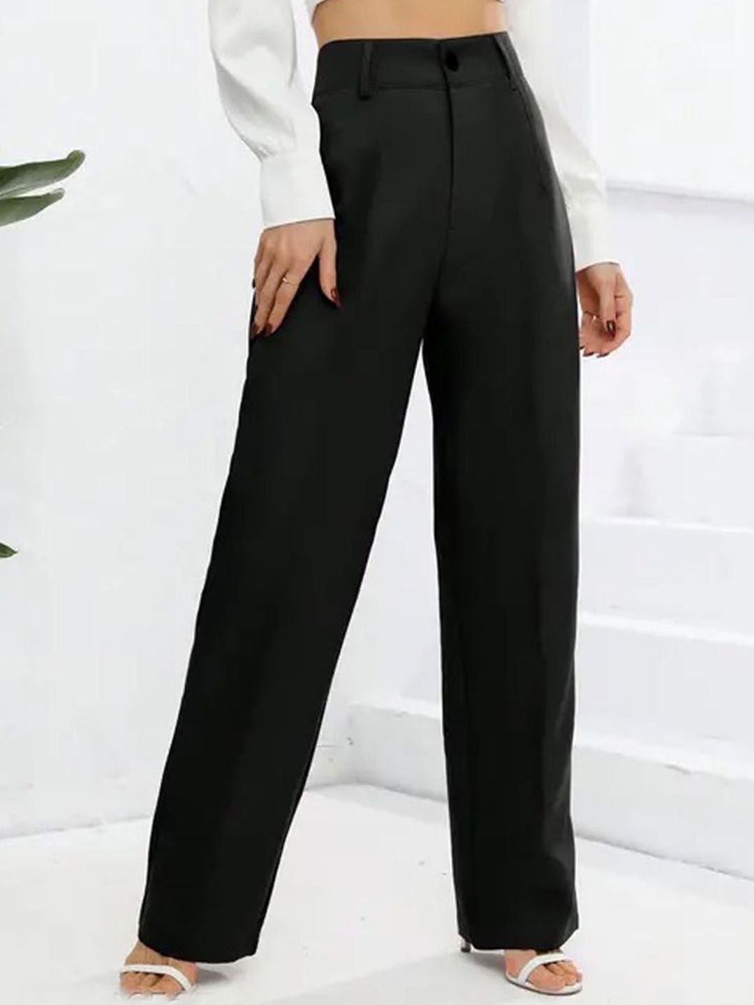 

BAESD Women Relaxed Straight Leg Straight Fit High-Rise Trousers, Black