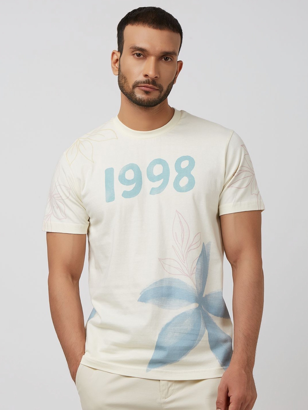 

Mufti Men Floral Printed Round Neck Cotton Slim Fit T-shirt, Off white