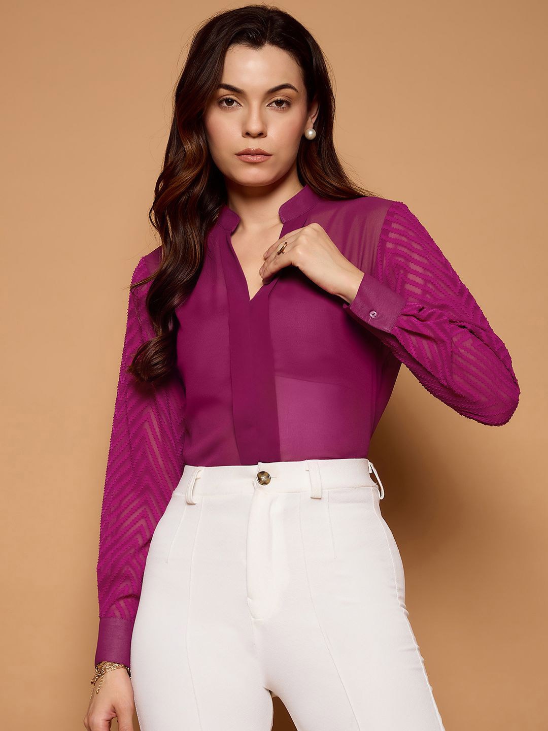 

Kibo Mandarin Collar Georgette Top, Fuchsia