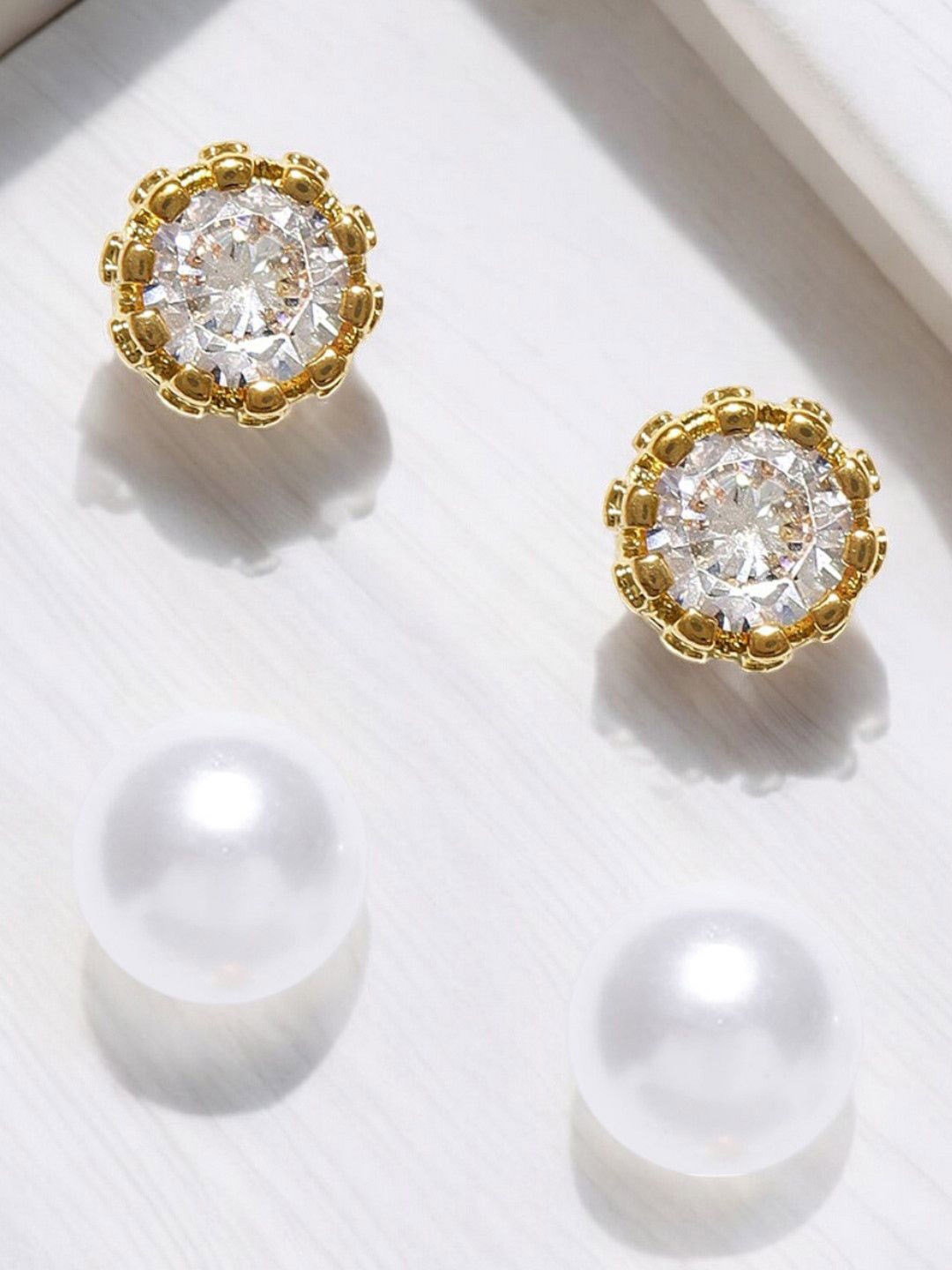 

fabula Set Of 2 Cubic Zirconia Stone Studded & Beaded Contemporary Studs Earrings, Silver