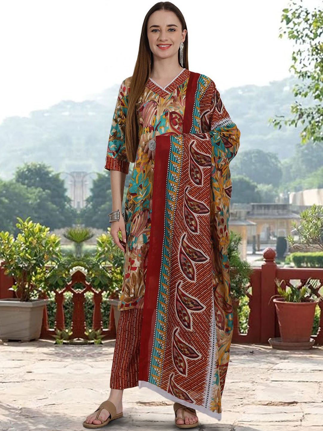 

7Threads Floral Printed Straight Pure Cotton Kurta with Trousers & Dupatta, Mustard