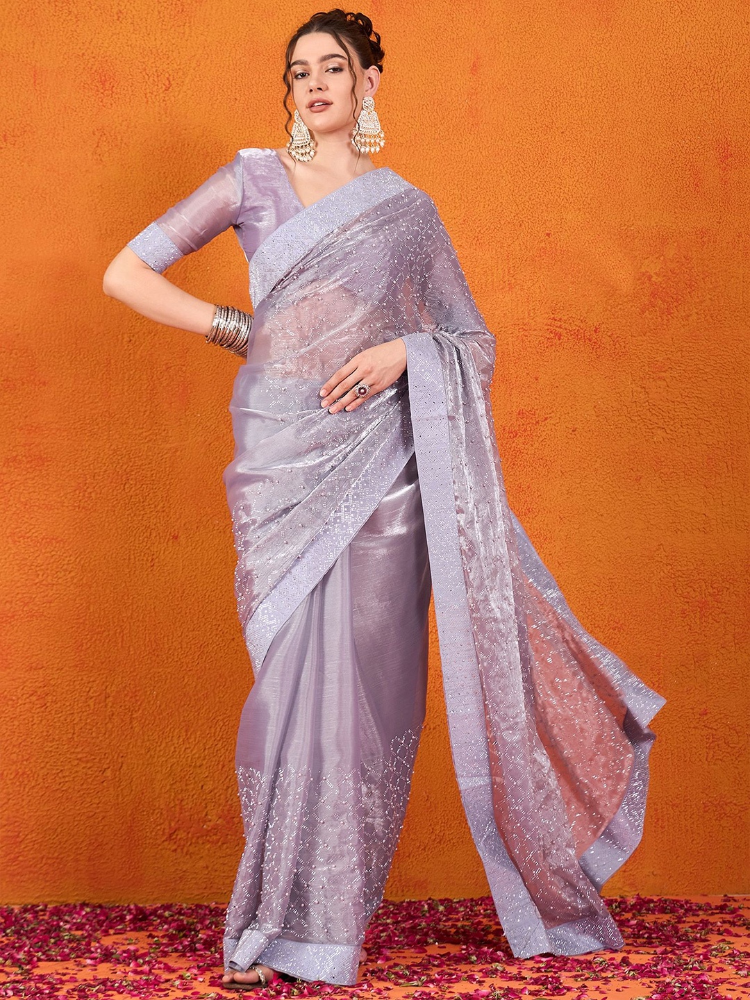 

Dori Silk Blend Embellished Beads and Stones Party Saree, Purple