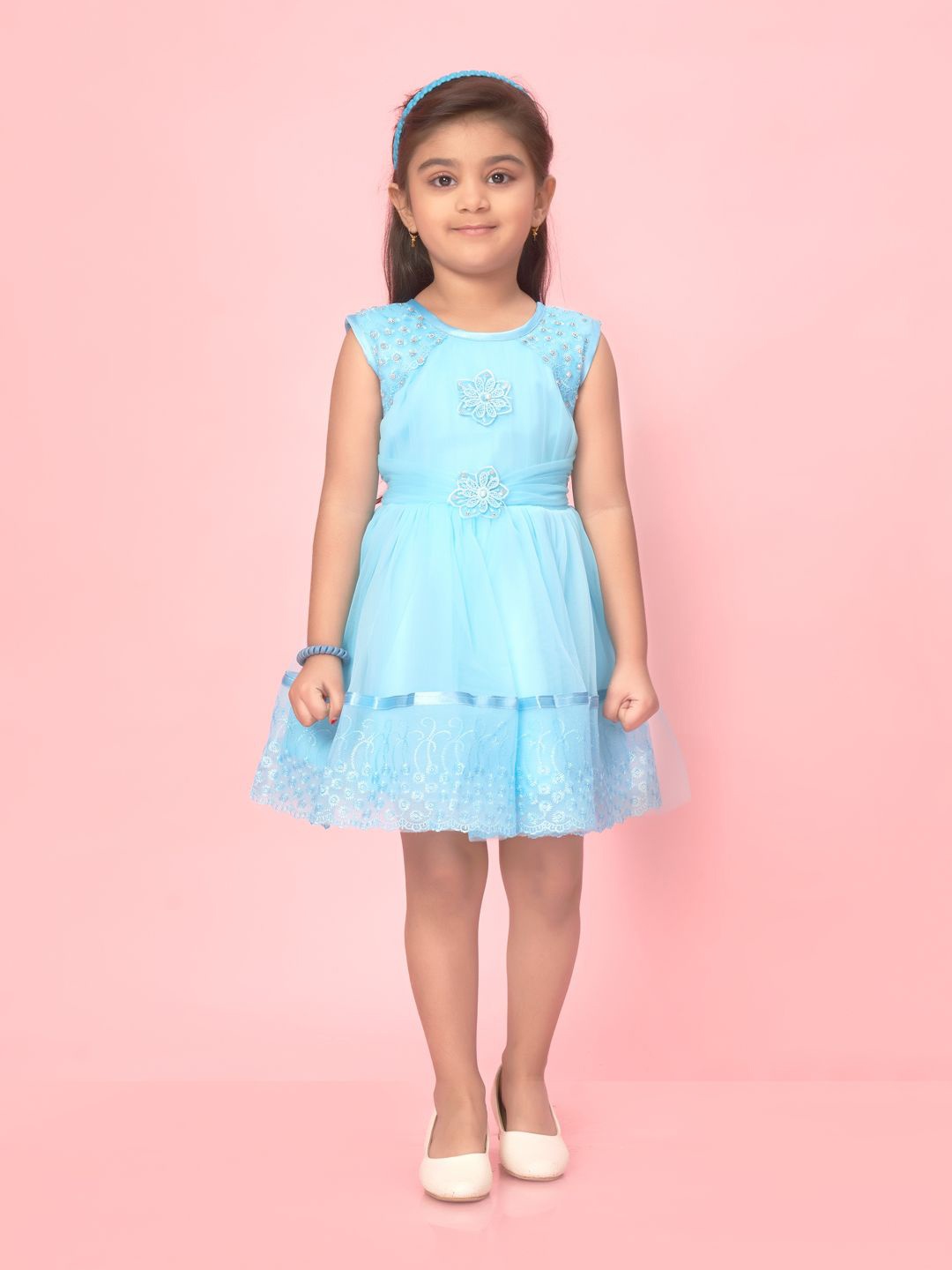 

BAESD Girls Embellished Net Fit & Flare Dress, Turquoise blue