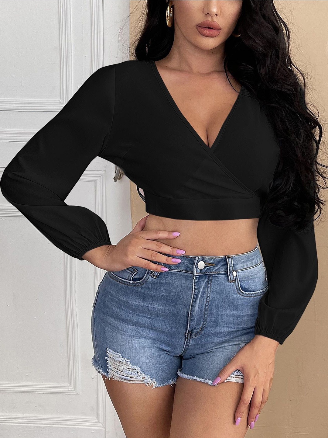 

StyleCast Puff Sleeve Wrap Crop Top, Black