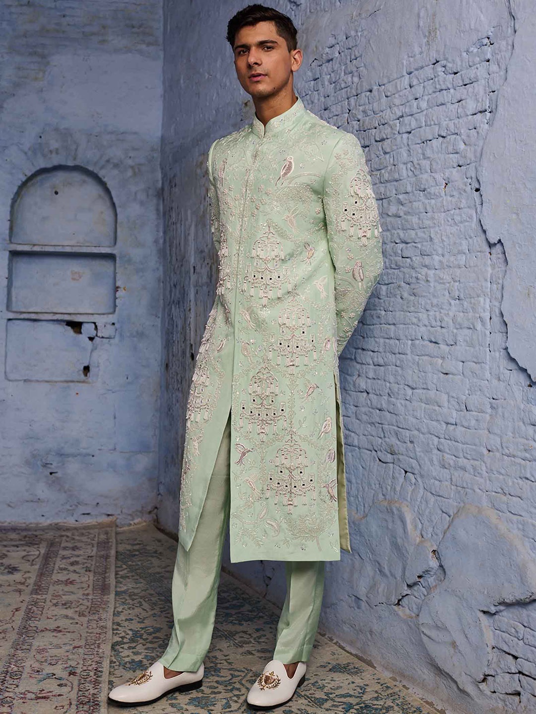 

Agrajain Embroidered Sherwani Set, Sea green