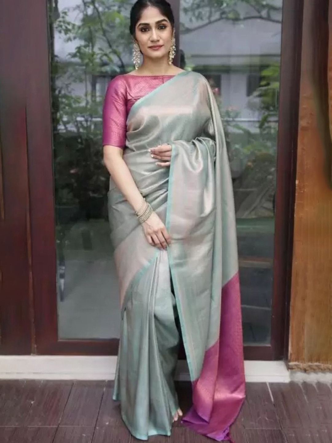 

Mitera Woven Design Zari Banarasi Saree, Silver