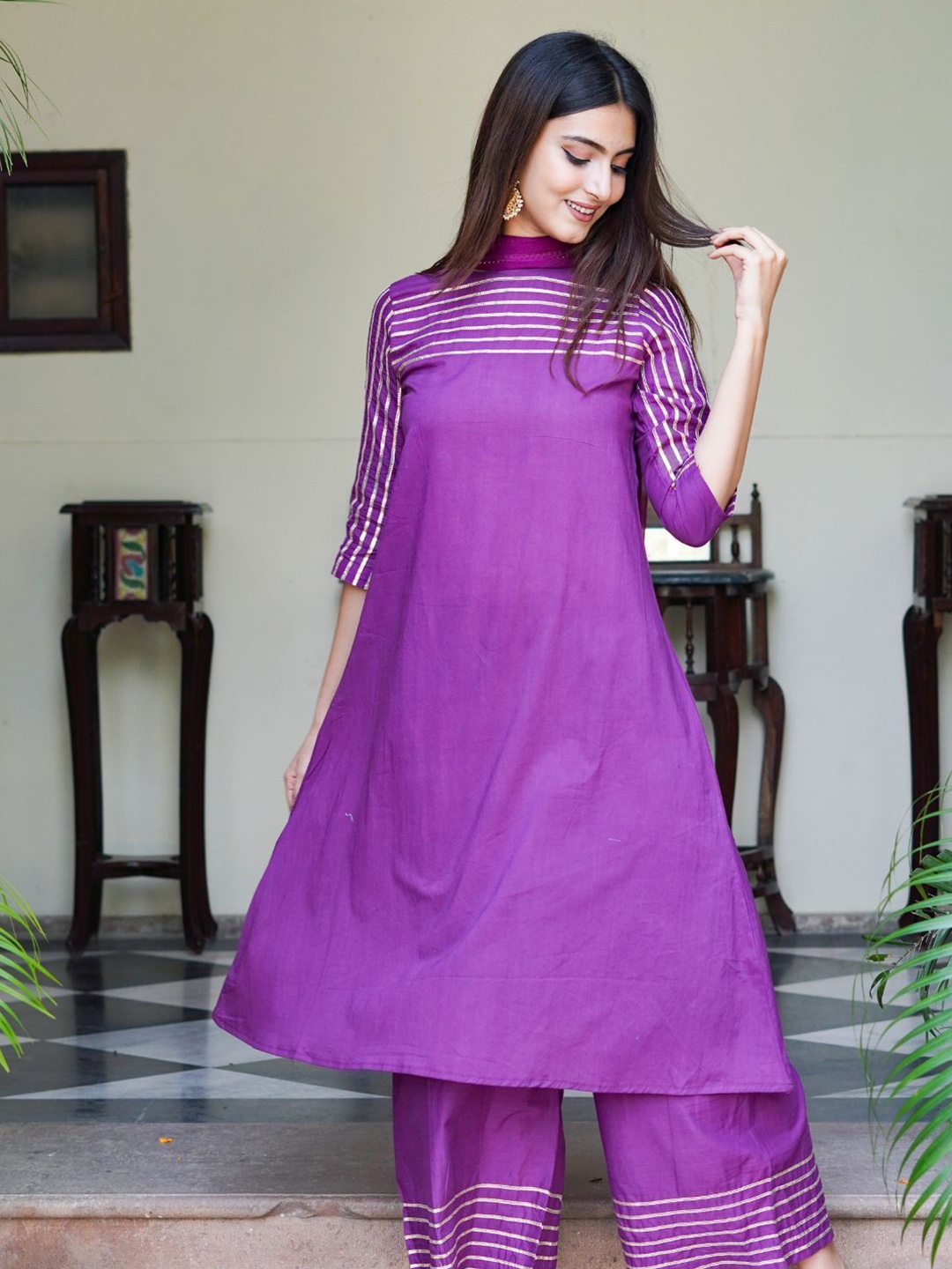 

HOUSE OF JAMOTI Gotta Patti Pure Cotton A-Line Kurta With Palazzos, Purple