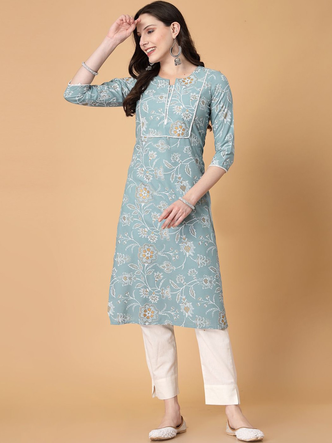 

God Bless Floral Printed Notch Neck Gotta Patti Straight Kurta, Green