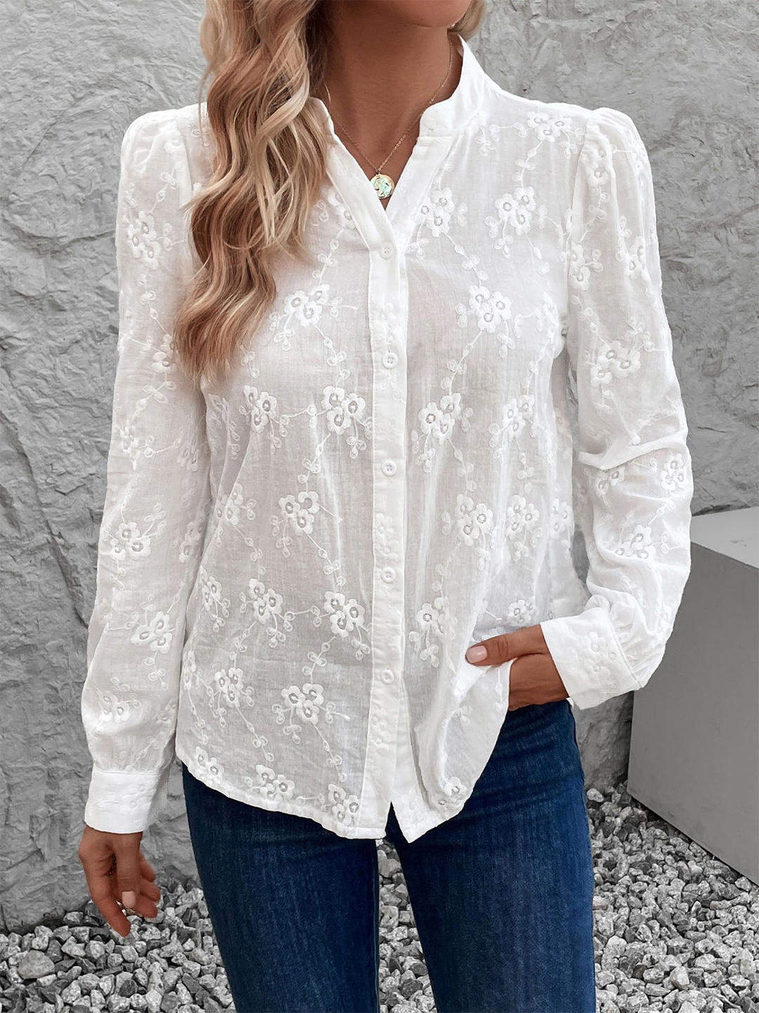 

StyleCast Floral Print Mandarin Collar Shirt Style Top, White