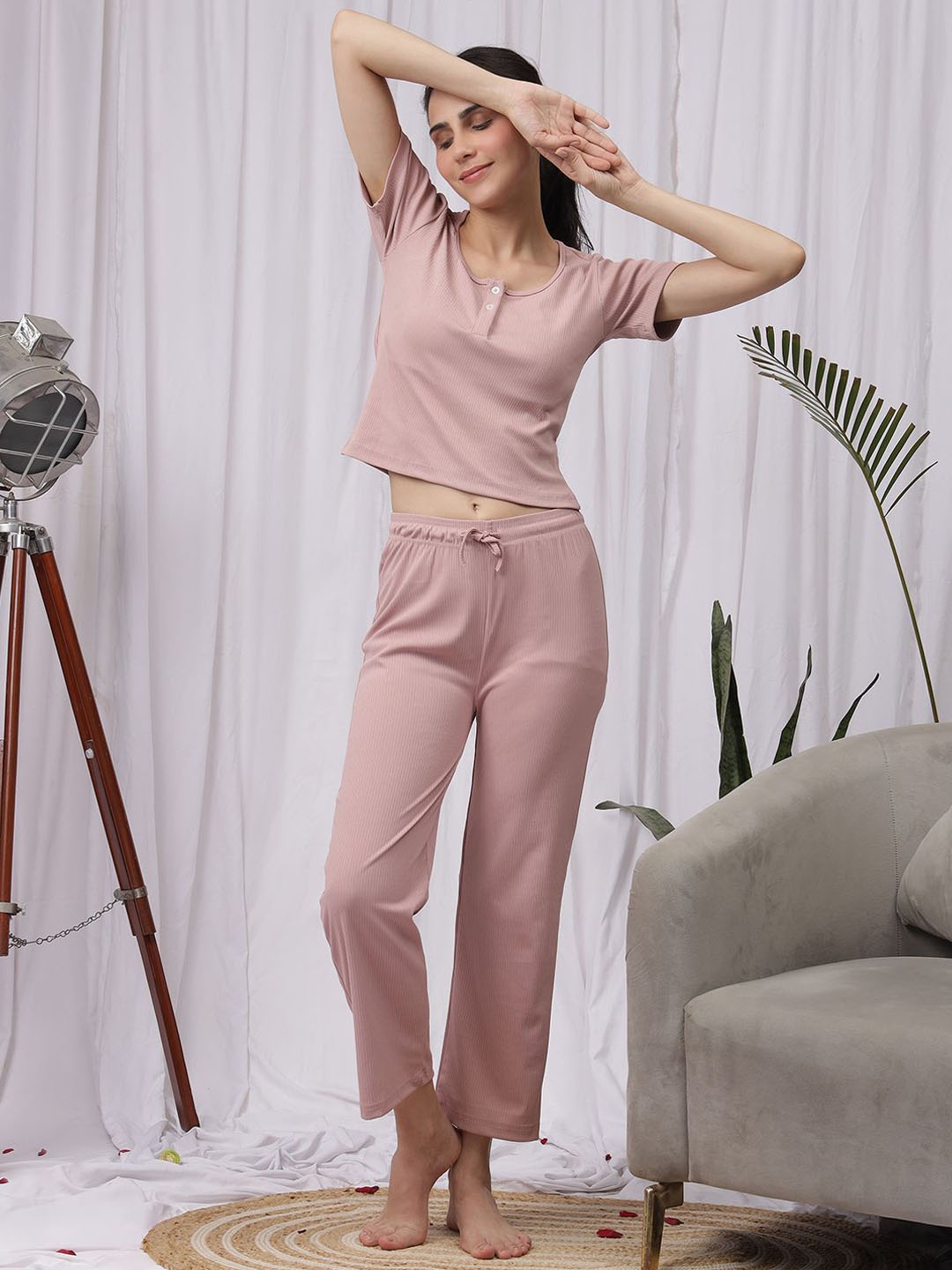 

NEUDIS Women Round Neck Short Sleeves Top With Trouser Nightsuit Set, Pink