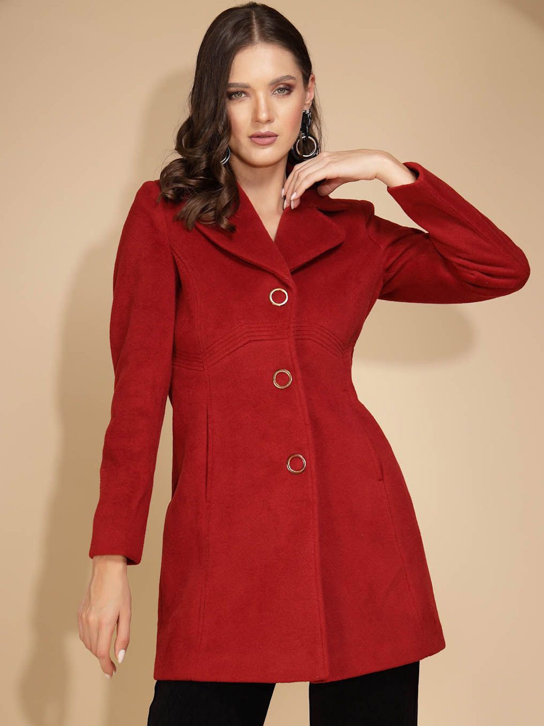 

Global Republic Women Solid Notched Lapel Single Breasted OverCoats, Maroon