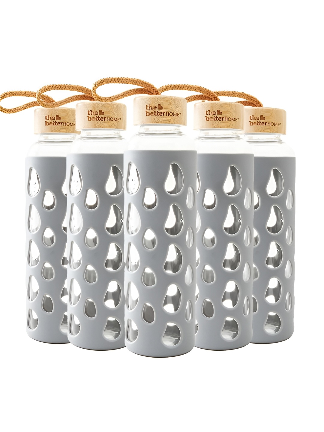 

The Better Home Grey 5 Pcs Borosilicate Glass Water Bottle With Sleeve & Bamboo Lid 550ml