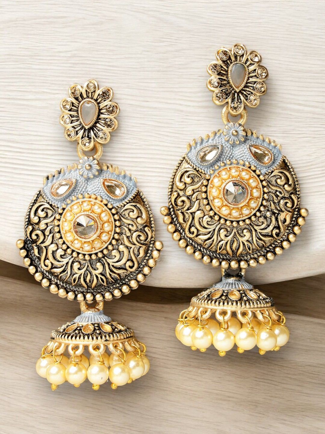 

ADIVA Gold Plated Kundan Studded & Pearl Beaded Antique Floral Jhumkas