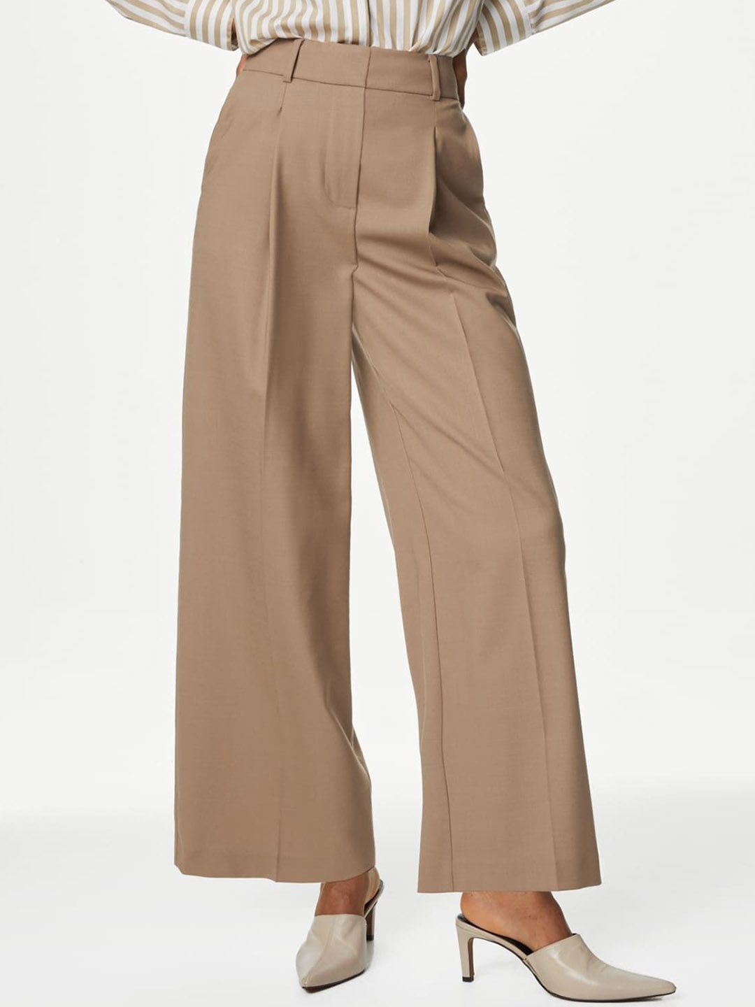 

Marks & Spencer Women High-Rise Trousers, Beige