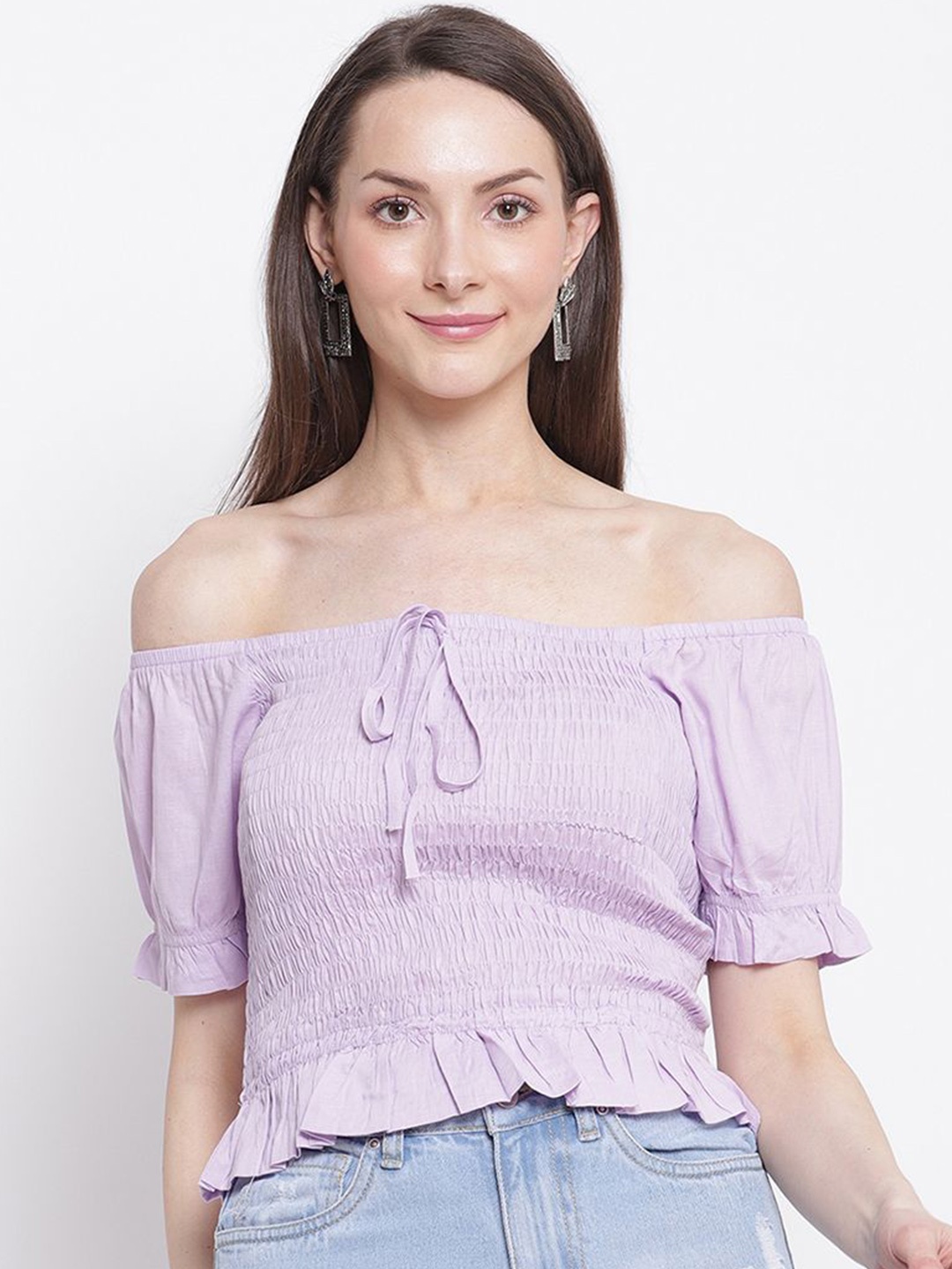 

Global Republic Off-Shoulder Puff Sleeve Linen Bardot Top, Lavender